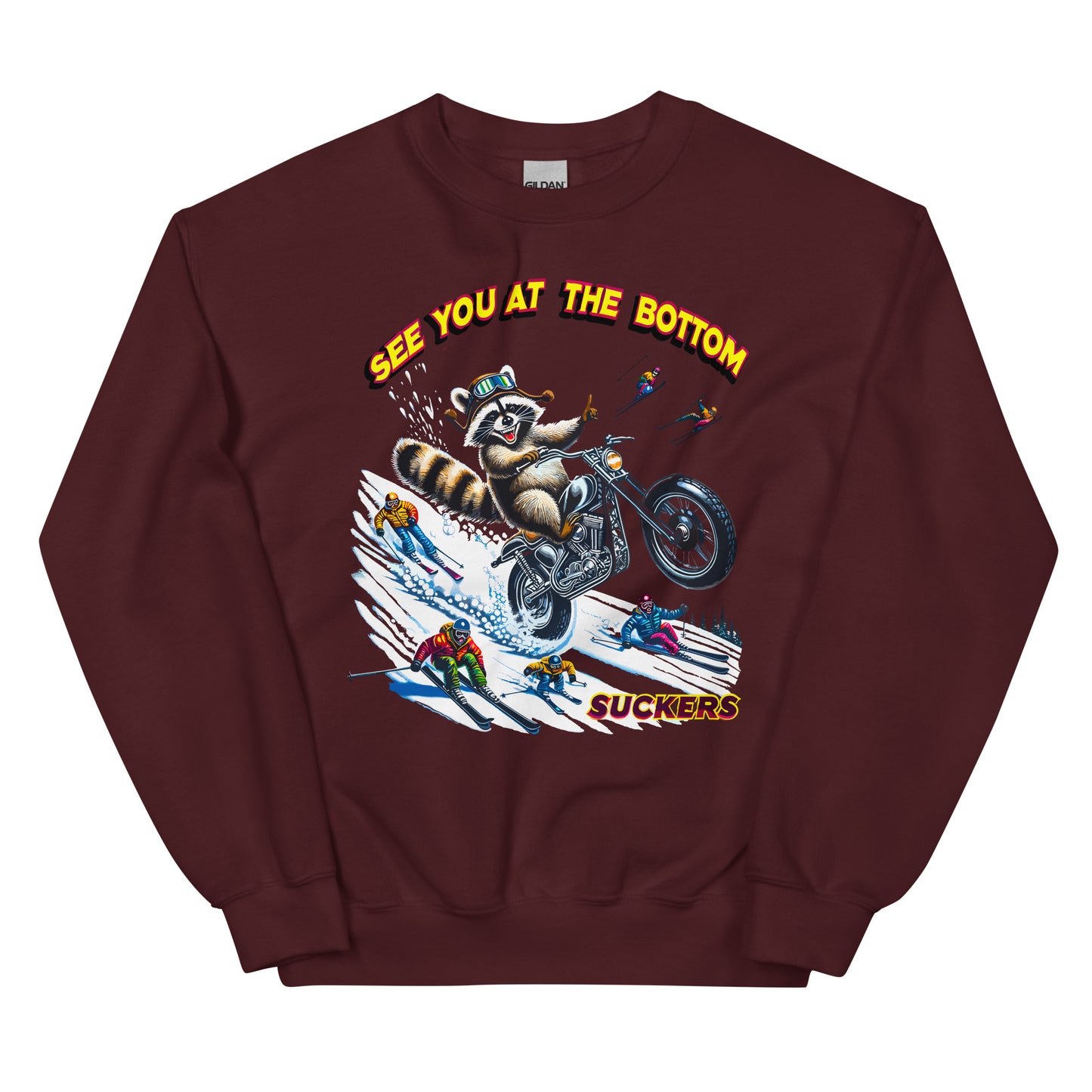 See you at the bottom suckers, racoon biking down the mountain printed crewneck sweatshirt by Whistler Shirts
