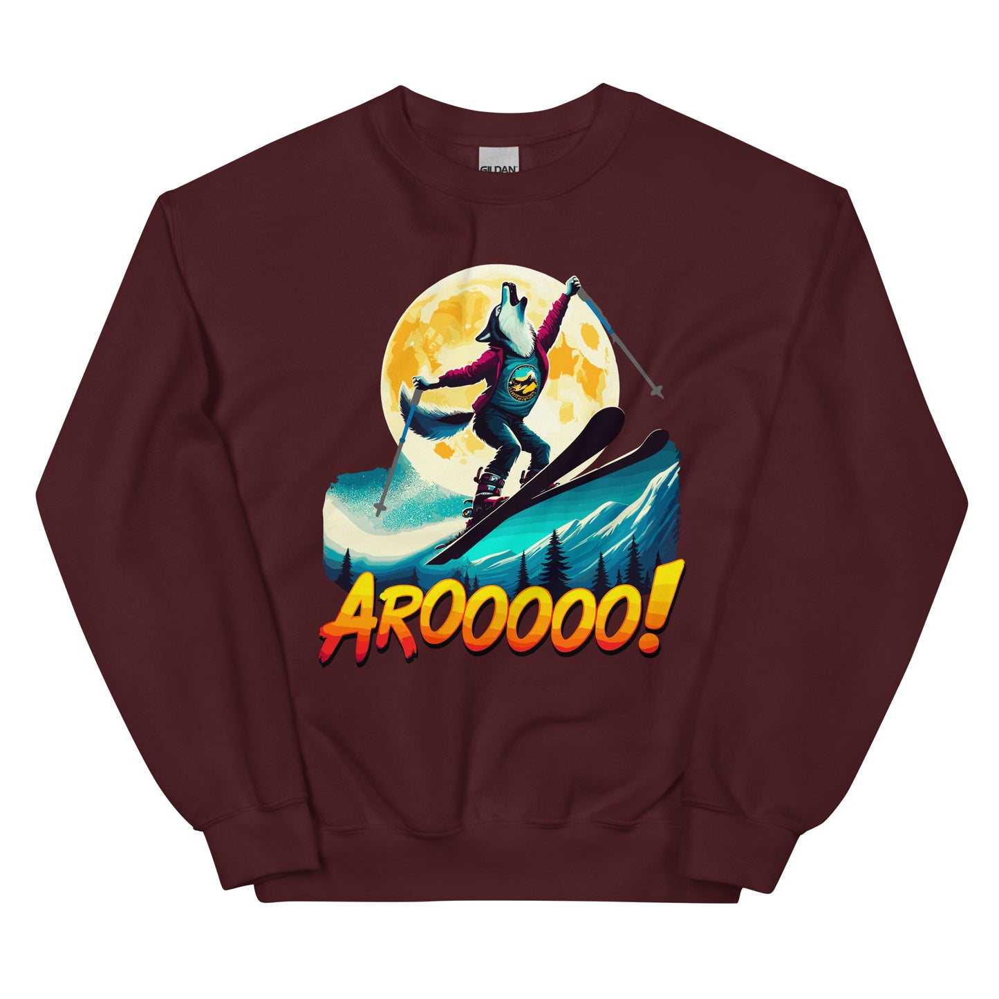 AROOO! Wolf doing a ski jump in front of a full moon printed on a crewneck sweatshirt by Whistler Shirts