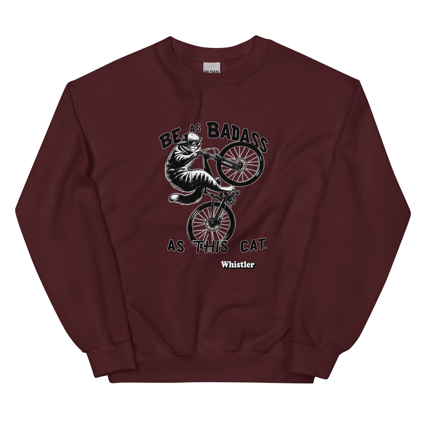 Be As badass as this cat whistler design with a cat with a backwards hat riding a bike, printed on crewnck sweatshirt by Whistler Shirts