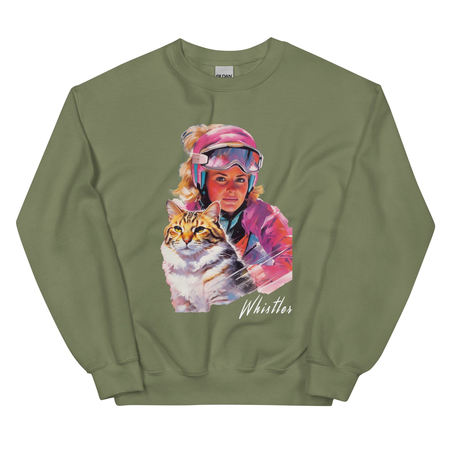 Whistler lady and her cat skiing screen printed crewneck