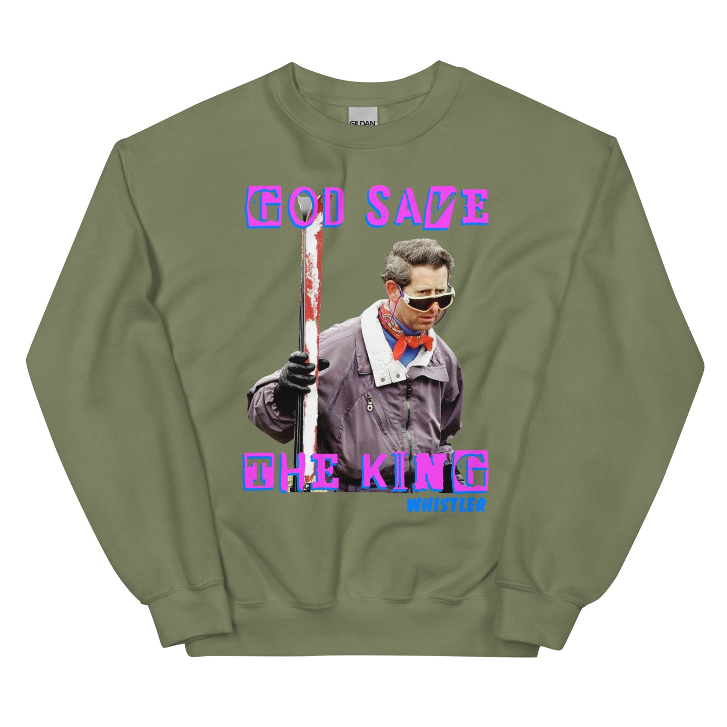 God save the king skiing whistler screen printed crewneck sweatshirt