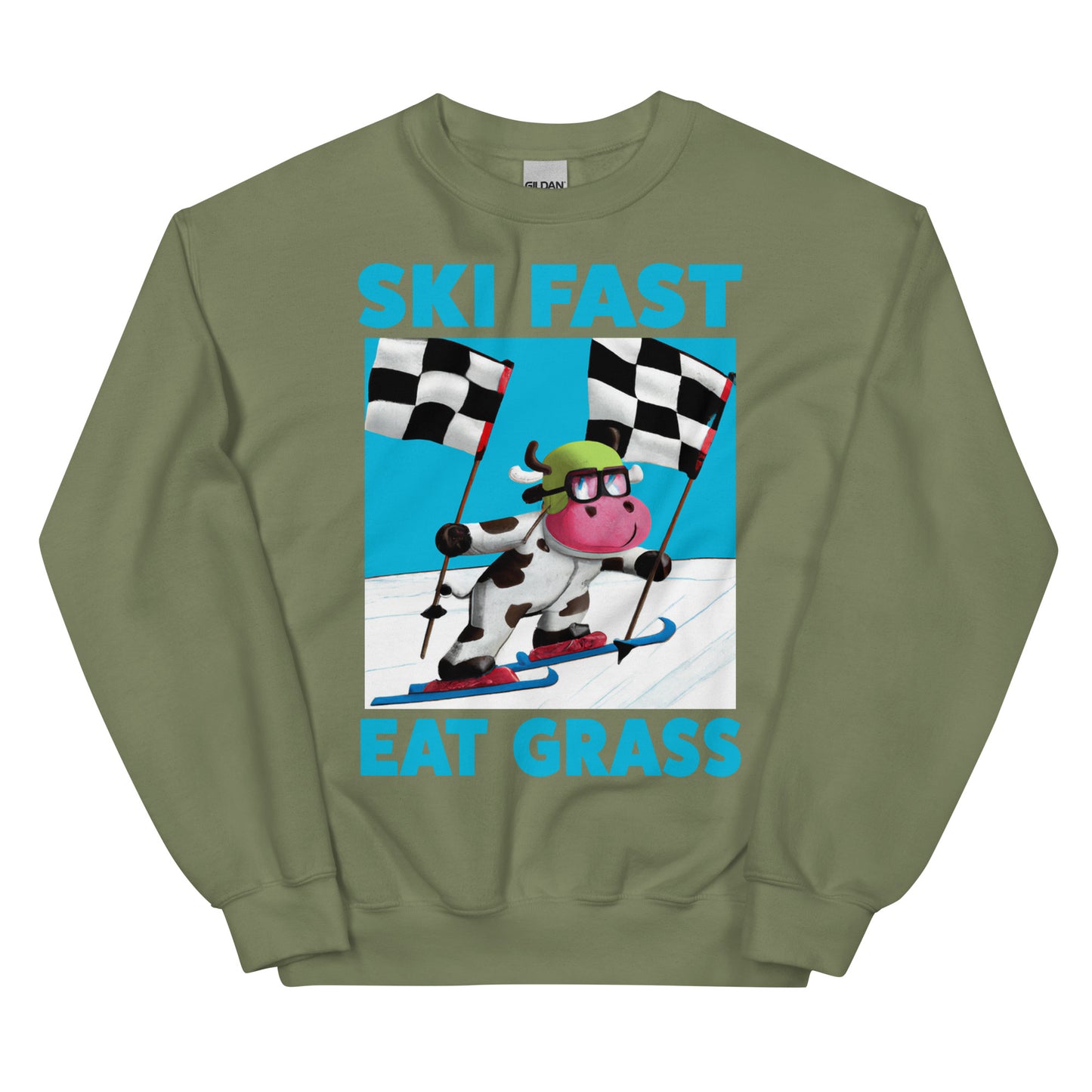 Ski fast eat grass cow skiing screen printed crewneck sweatshirt