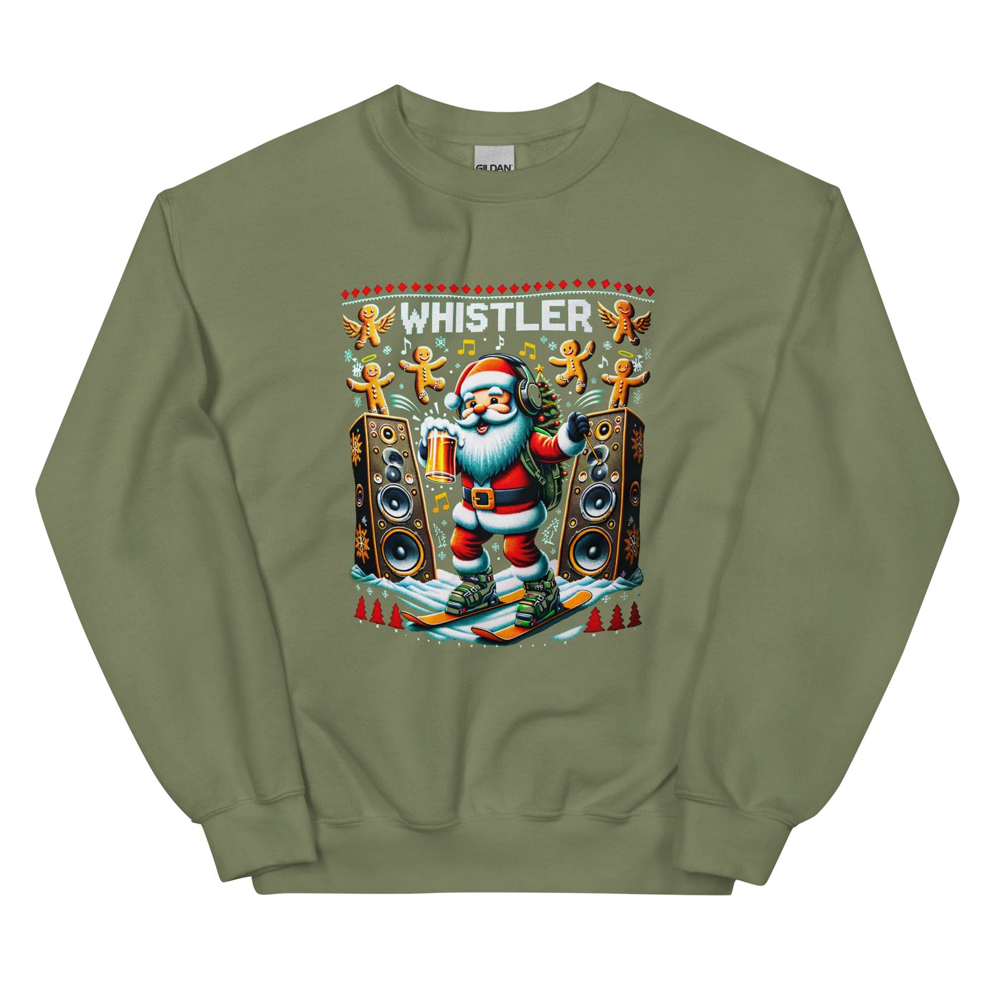 Raving Santa Skiing drinking beer with giant spekakers and ginger bread men in Whistler, ugly christmas sweater printed by Whistler Shirts
