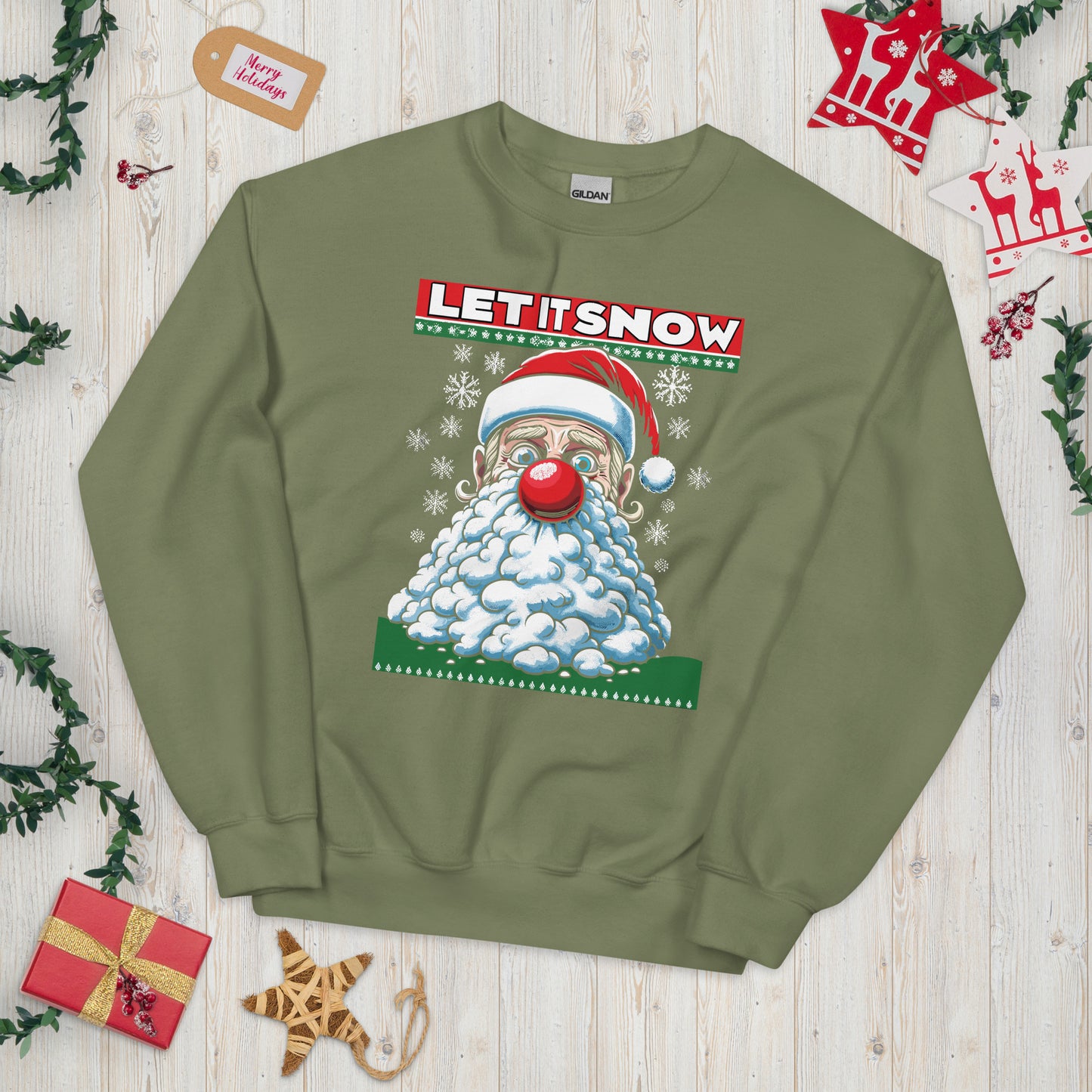 Santa with snow in his face saying let is snow printed ugly christmas sweater by Whistler Shirts