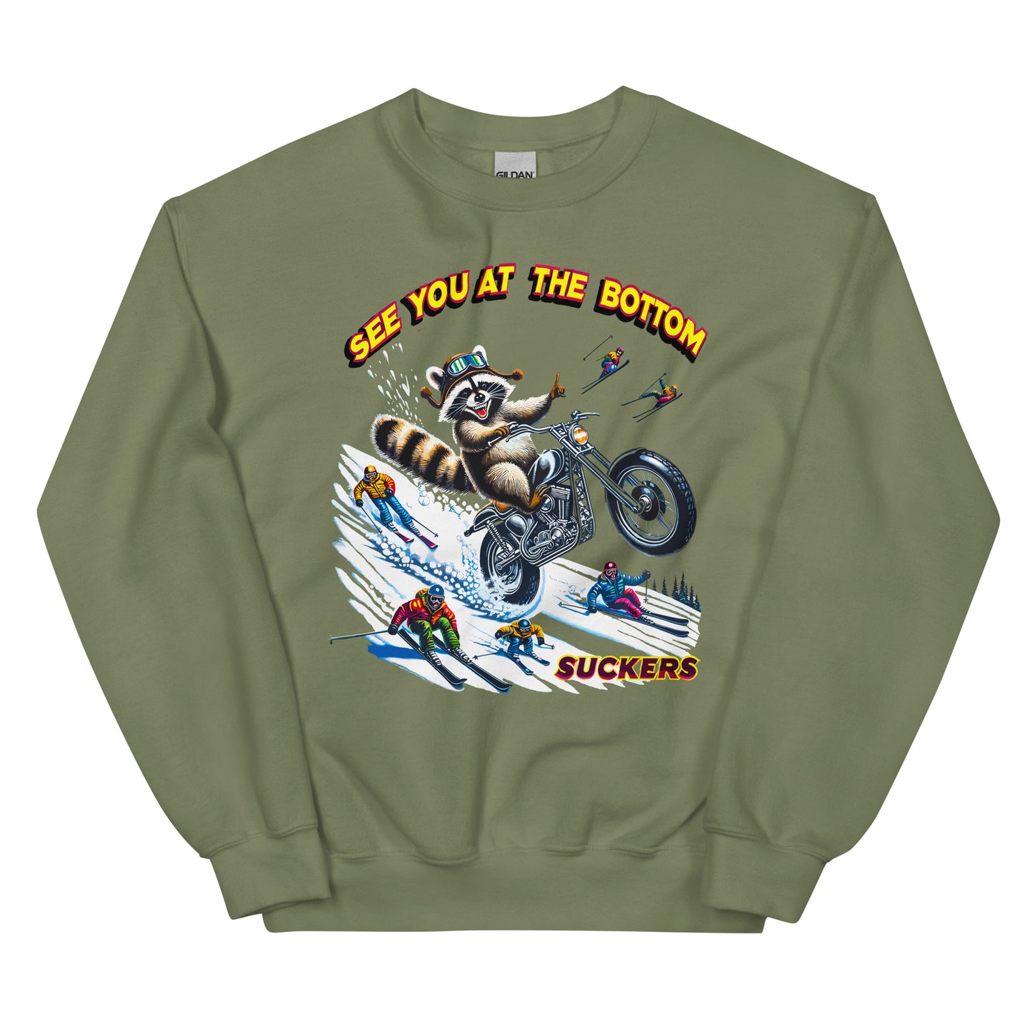See you at the bottom suckers, racoon biking down the mountain printed crewneck sweatshirt by Whistler Shirts