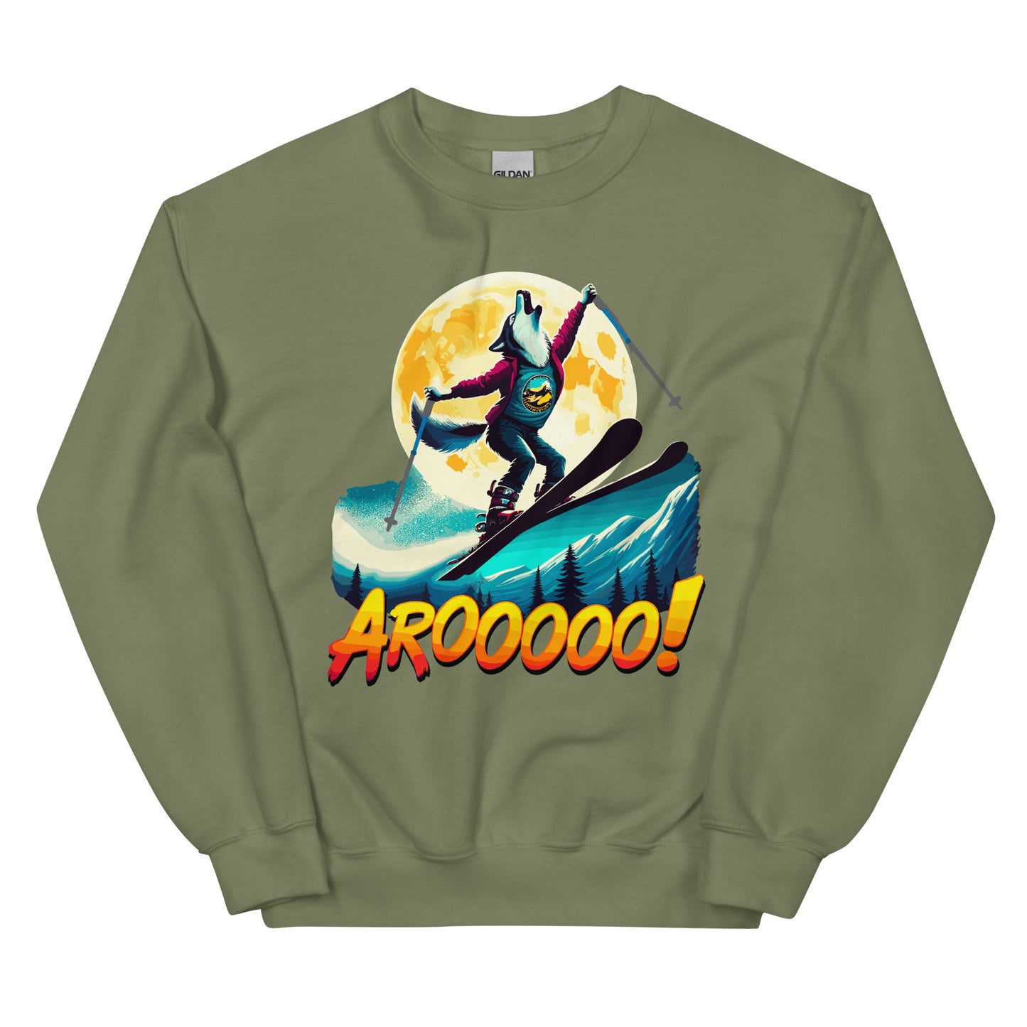 AROOO! Wolf doing a ski jump in front of a full moon printed on a crewneck sweatshirt by Whistler Shirts