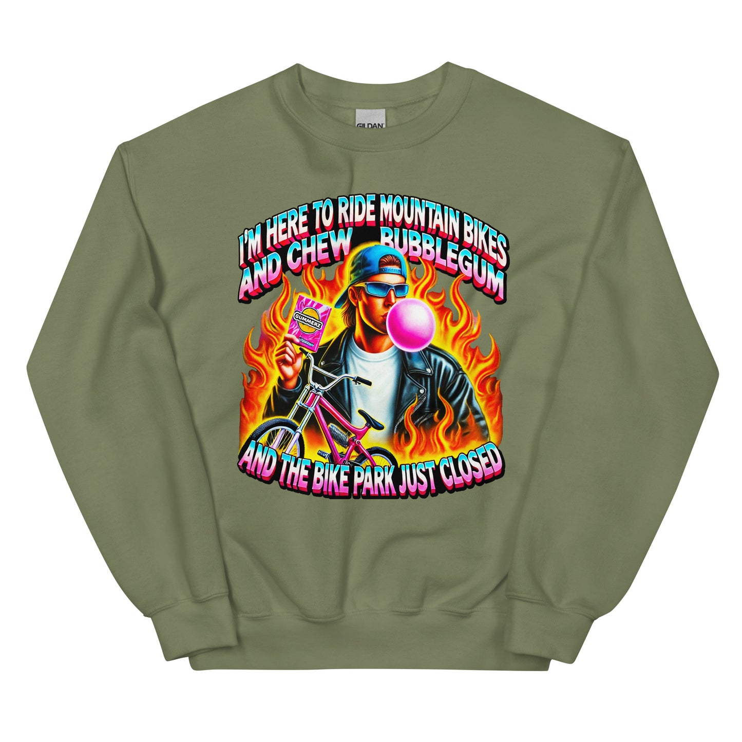 I'm here to ride mountain bikes and chew bubble gum and the bike park just closed design, with a badass guy chewing gum with flames and a bike printed on a hoodie by Whistler Shirts