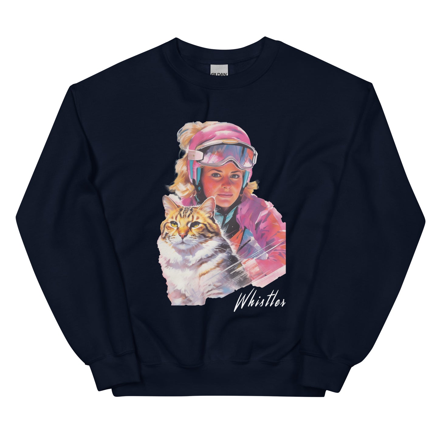 Whistler lady and her cat skiing screen printed crewneck