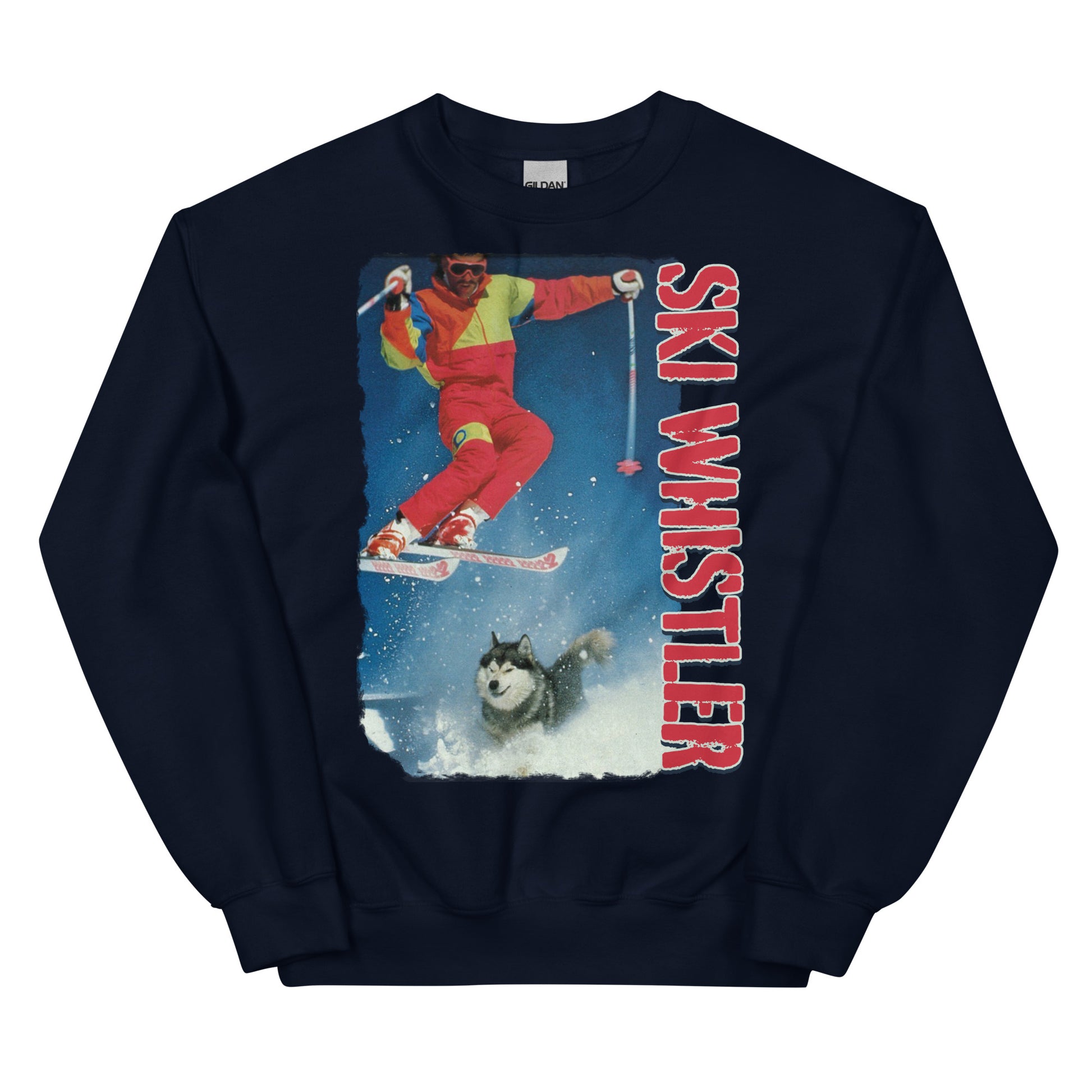 Ski Whistler skiier jumping over a dog printed crewneck