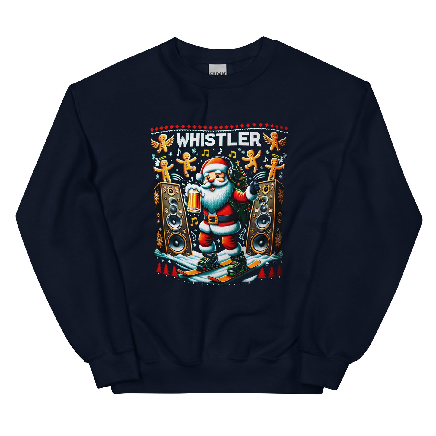 Raving Santa Skiing drinking beer with giant spekakers and ginger bread men in Whistler, ugly christmas sweater printed by Whistler Shirts