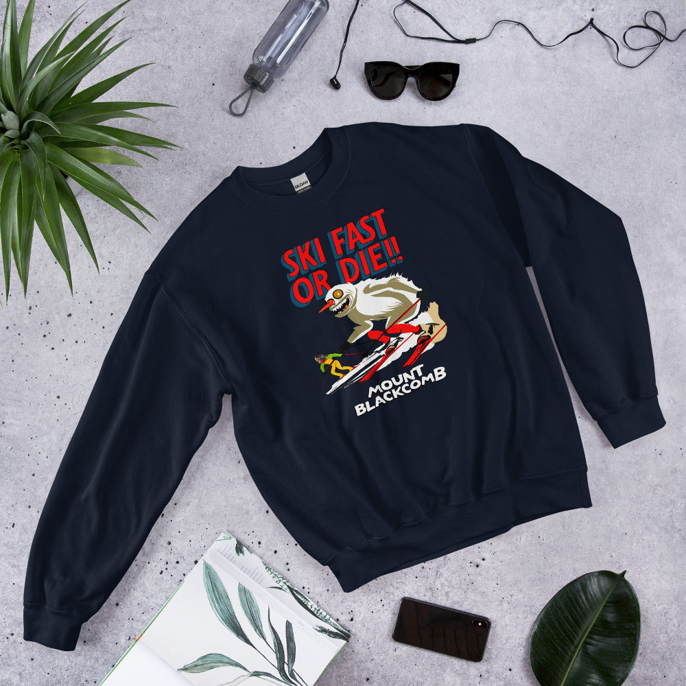 Ski fast or die yeti skiing mount blackcomb crewneck sweatshirt printed by Whistler Shirts