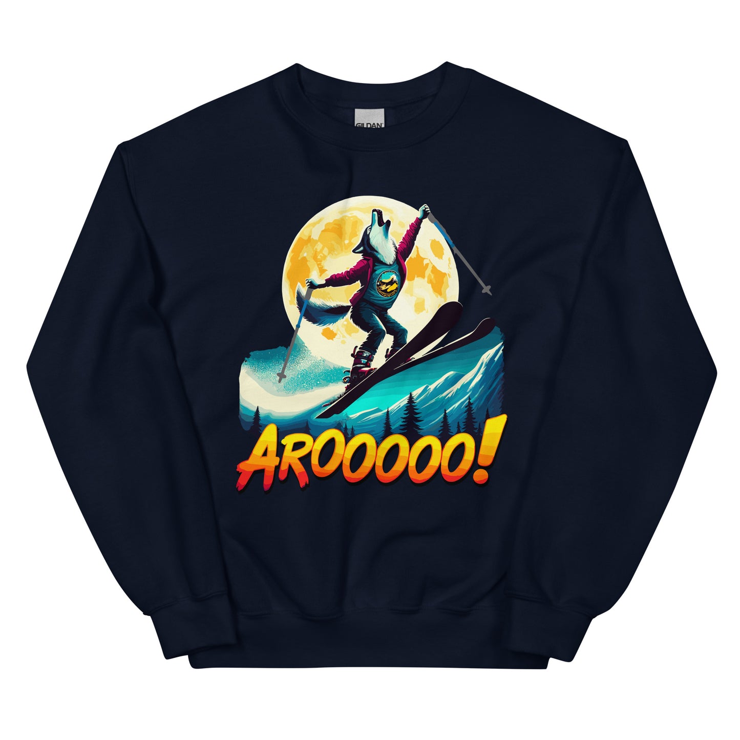 AROOO! Wolf doing a ski jump in front of a full moon printed on a crewneck sweatshirt by Whistler Shirts