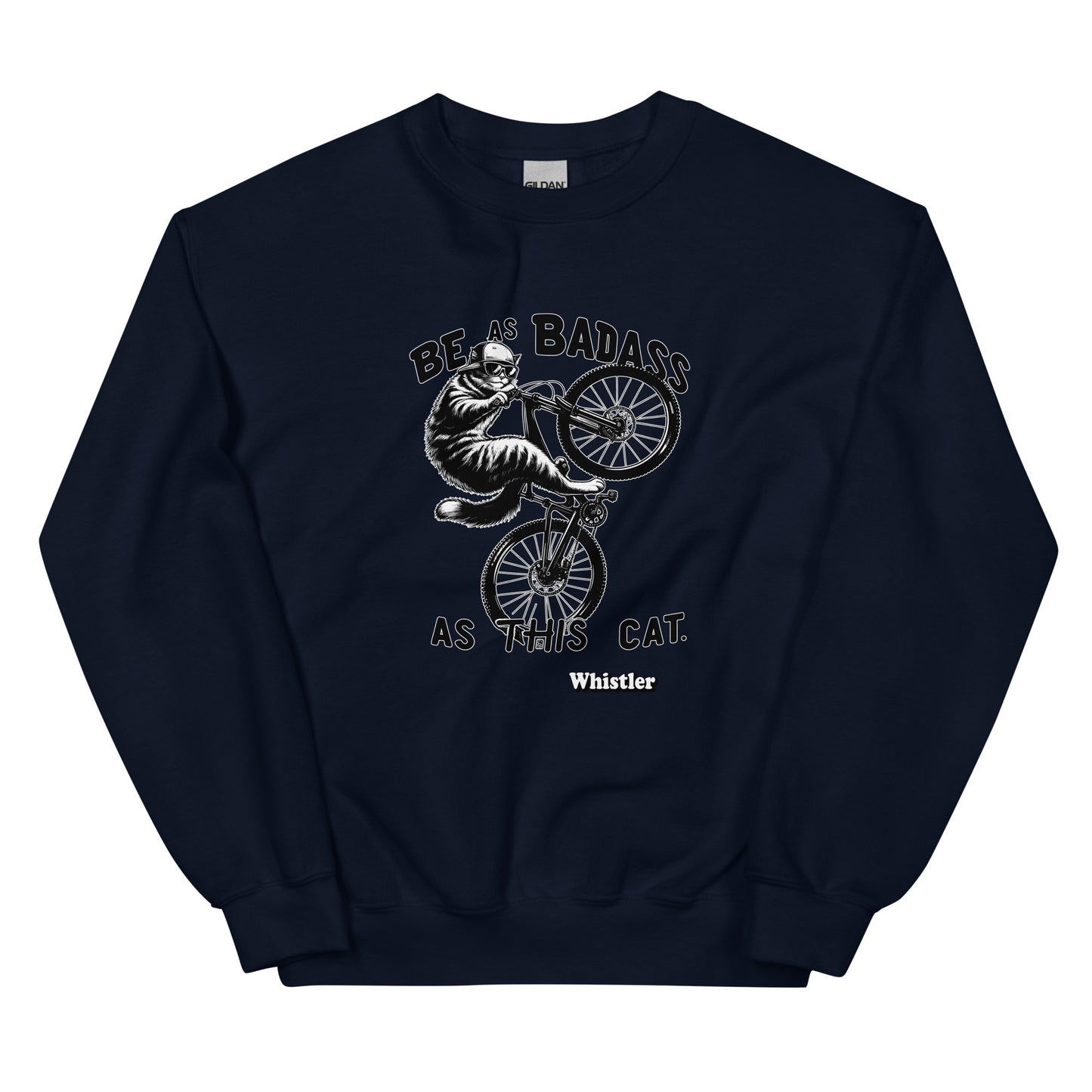 Be As badass as this cat whistler design with a cat with a backwards hat riding a bike, printed on crewnck sweatshirt by Whistler Shirts
