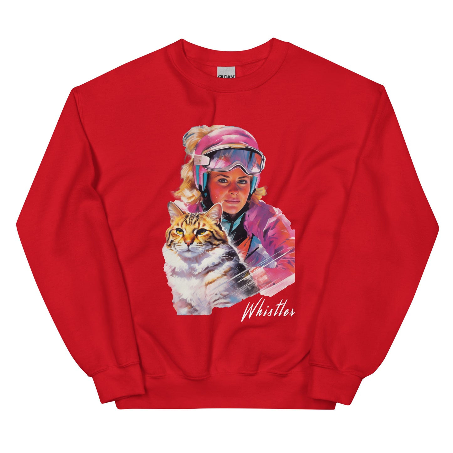 Whistler lady and her cat skiing screen printed crewneck