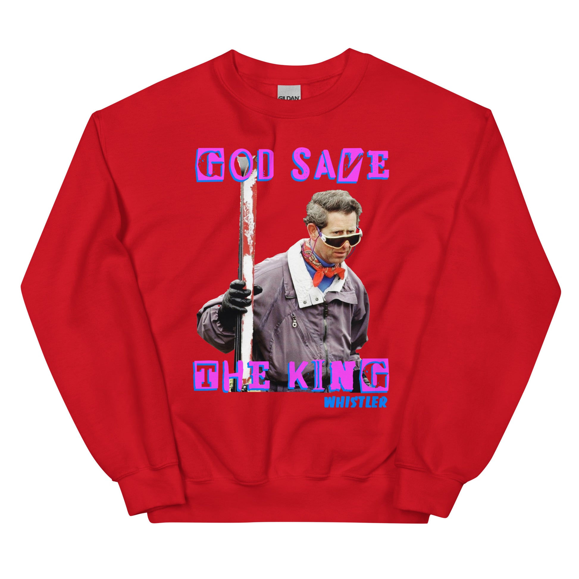 God save the king skiing whistler screen printed crewneck sweatshirt