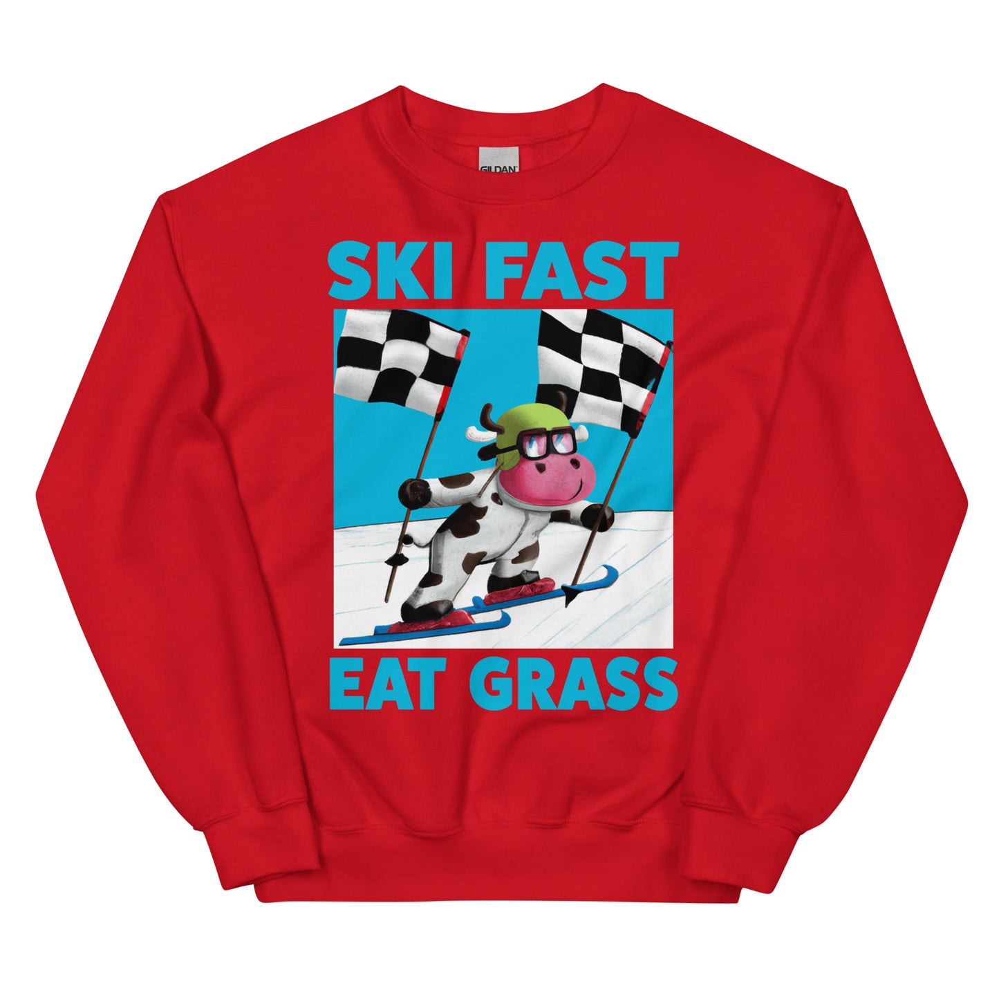Ski fast eat grass cow skiing screen printed crewneck sweatshirt