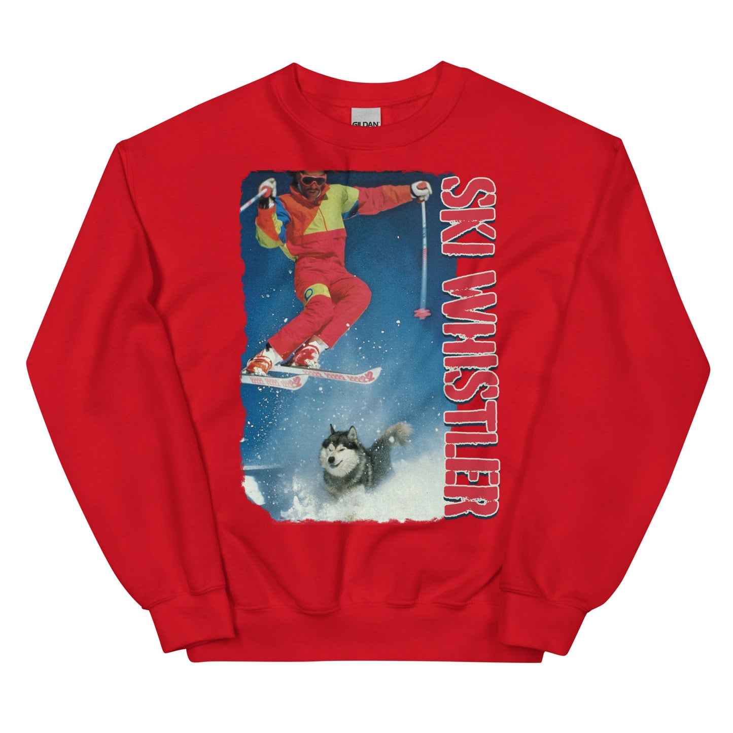 Ski Whistler skiier jumping over a dog printed crewneck