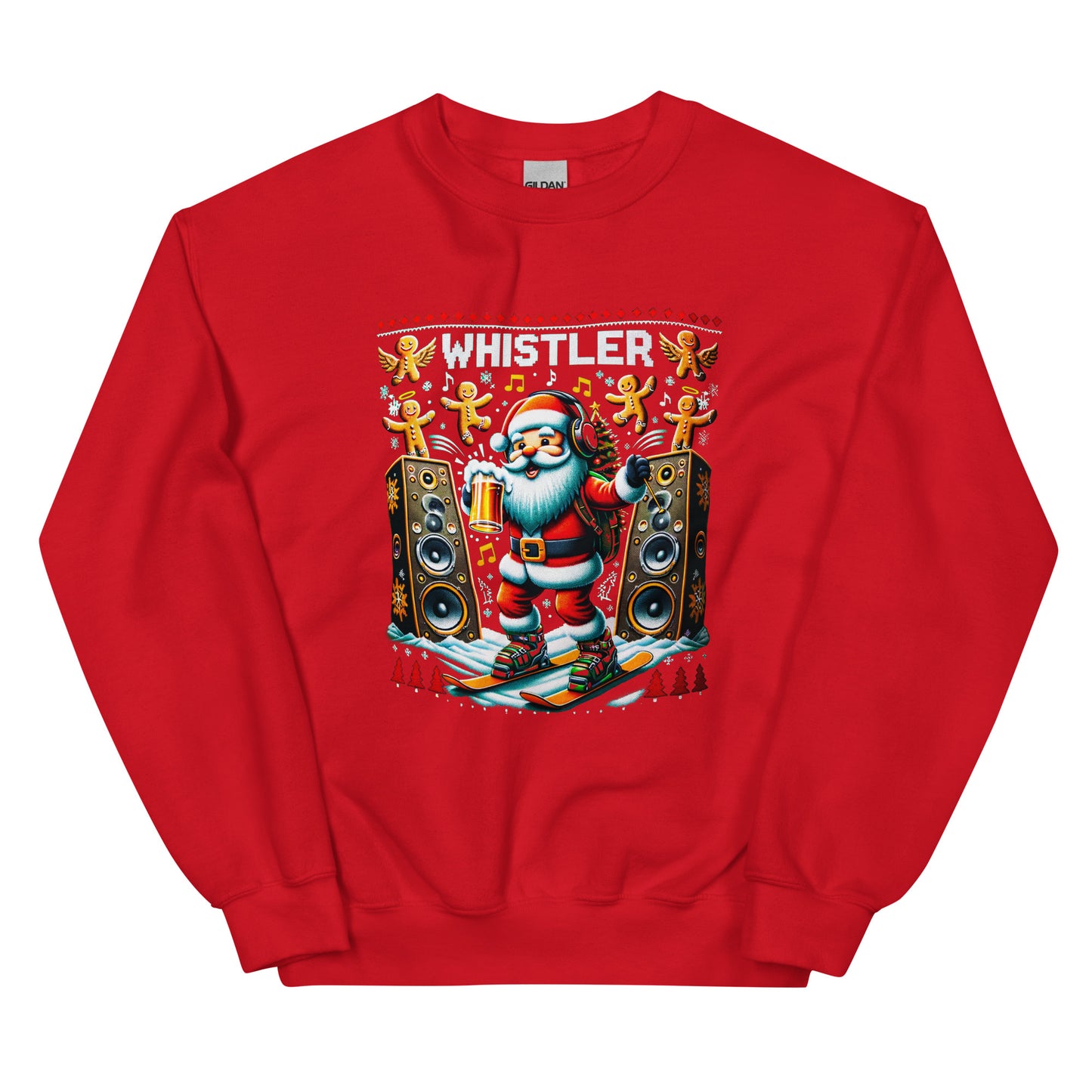 Raving Santa Skiing drinking beer with giant spekakers and ginger bread men in Whistler, ugly christmas sweater printed by Whistler Shirts