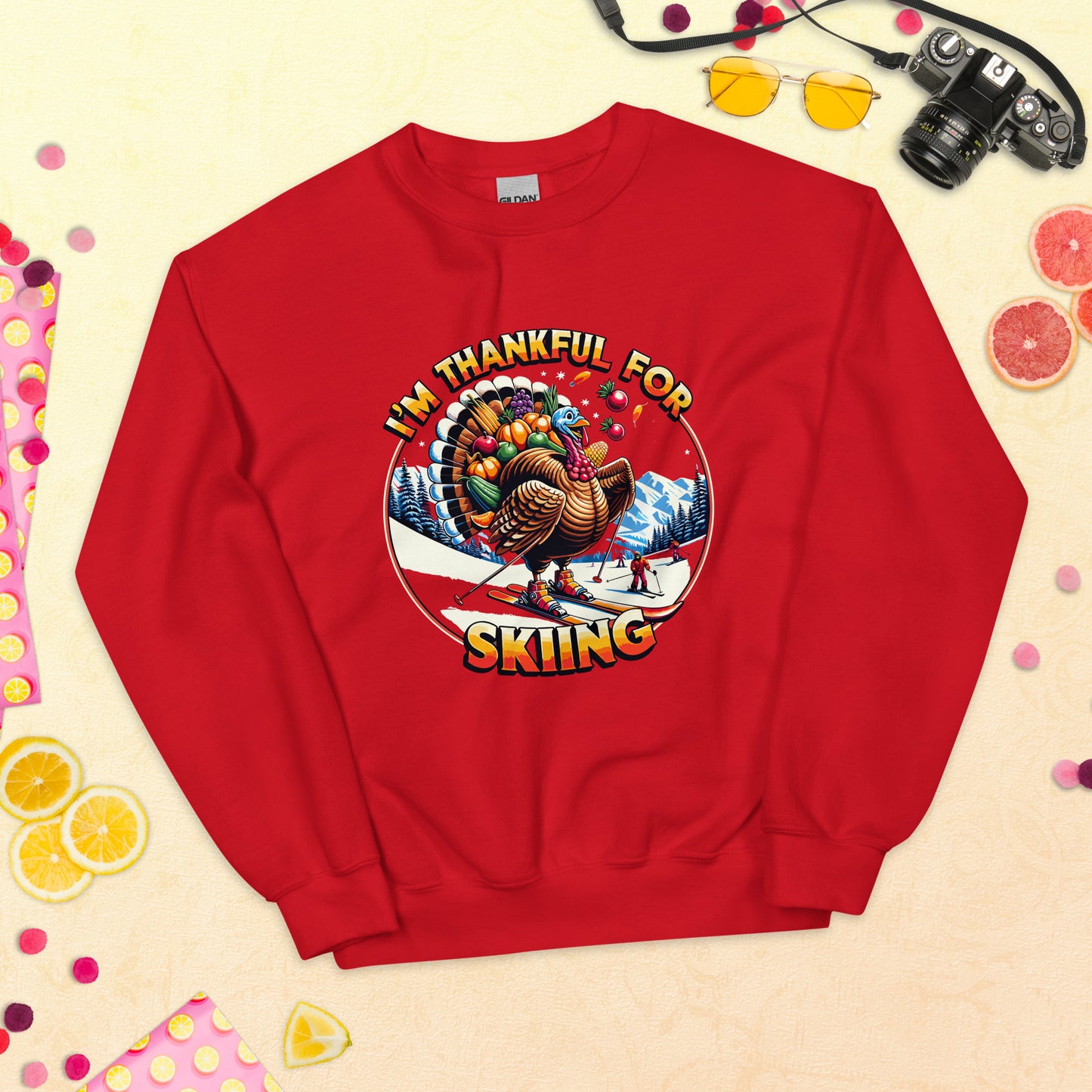 Thanksgiving turkey skiing saying i'm thankful for skiing printed crewneck by Whistler Shirts