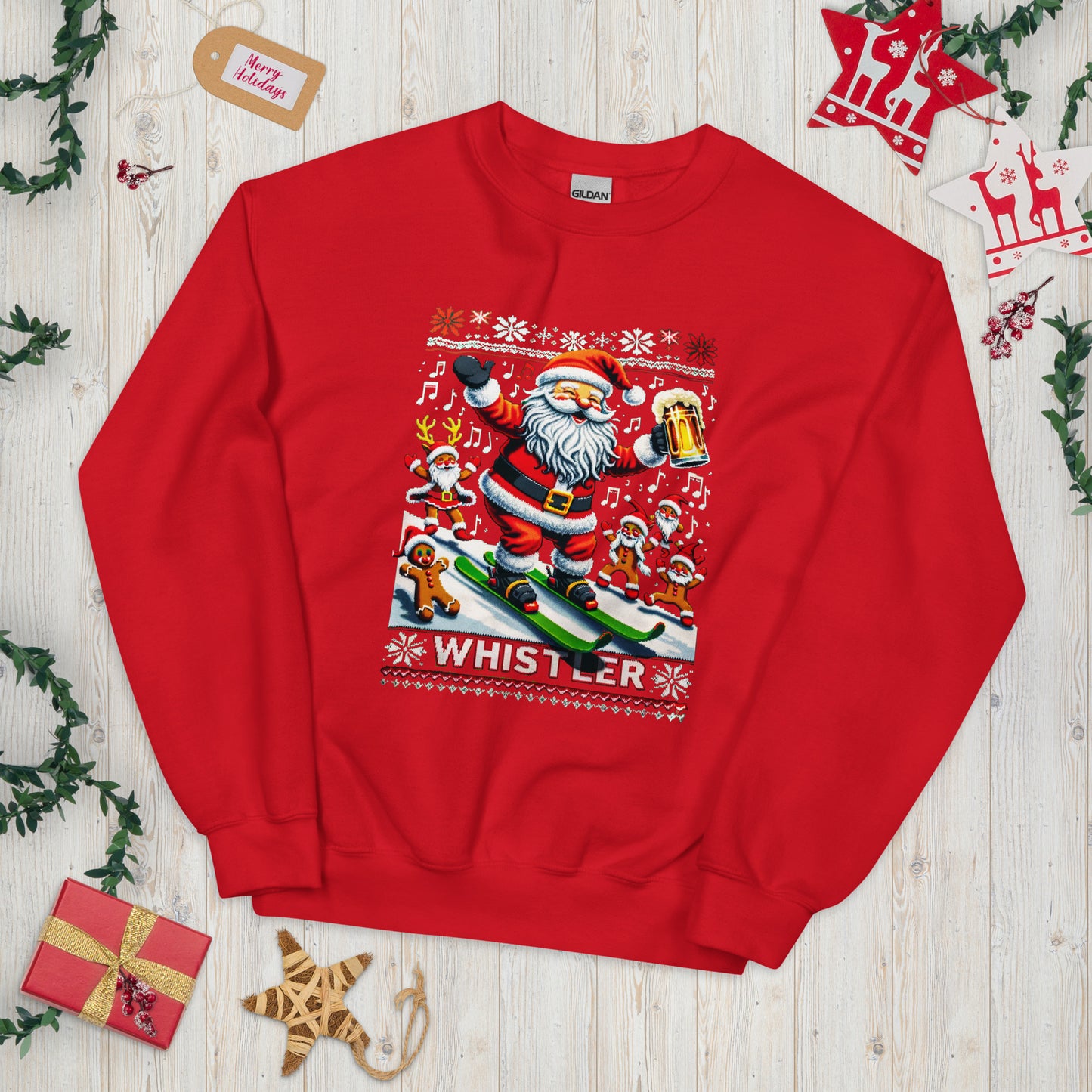 Stoked Santa skiing in Whistler Ugly Christmas Sweater