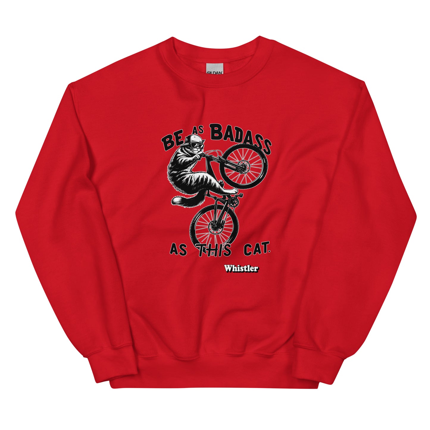 Be As badass as this cat whistler design with a cat with a backwards hat riding a bike, printed on crewnck sweatshirt by Whistler Shirts