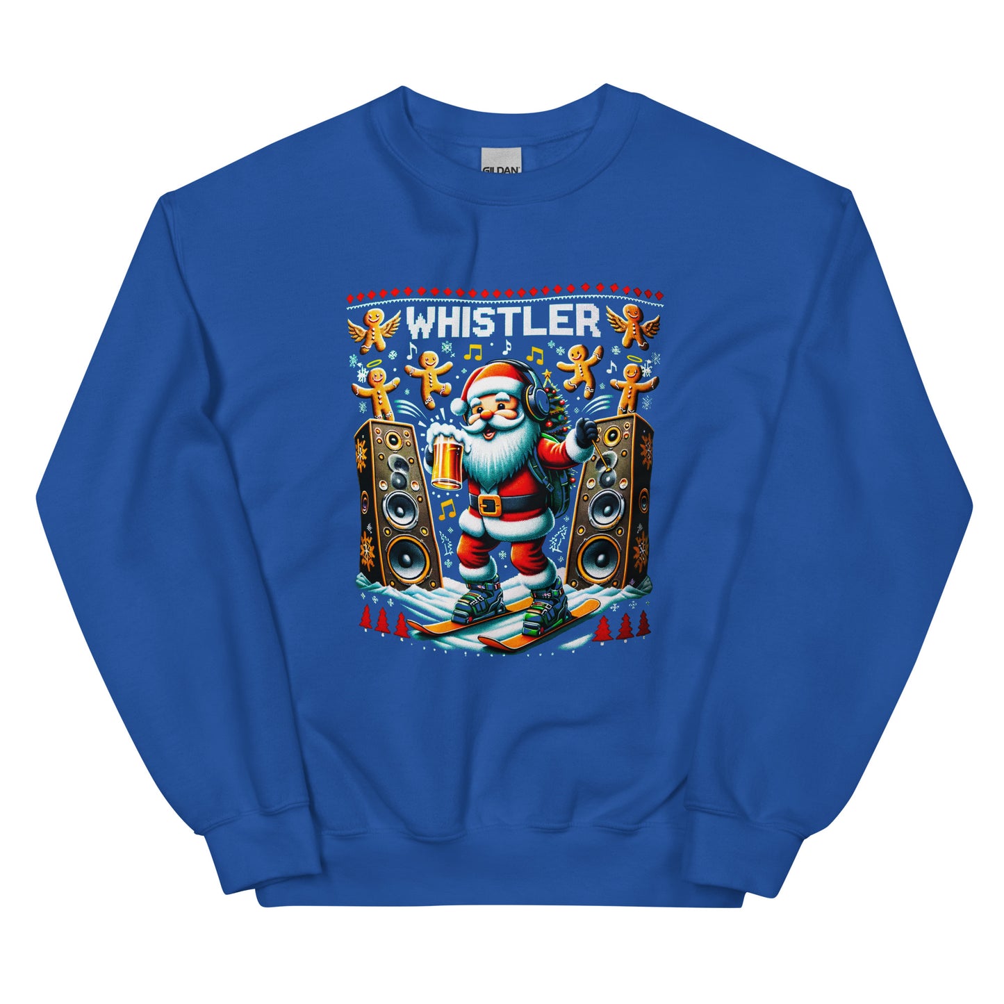 Raving Santa Skiing drinking beer with giant spekakers and ginger bread men in Whistler, ugly christmas sweater printed by Whistler Shirts