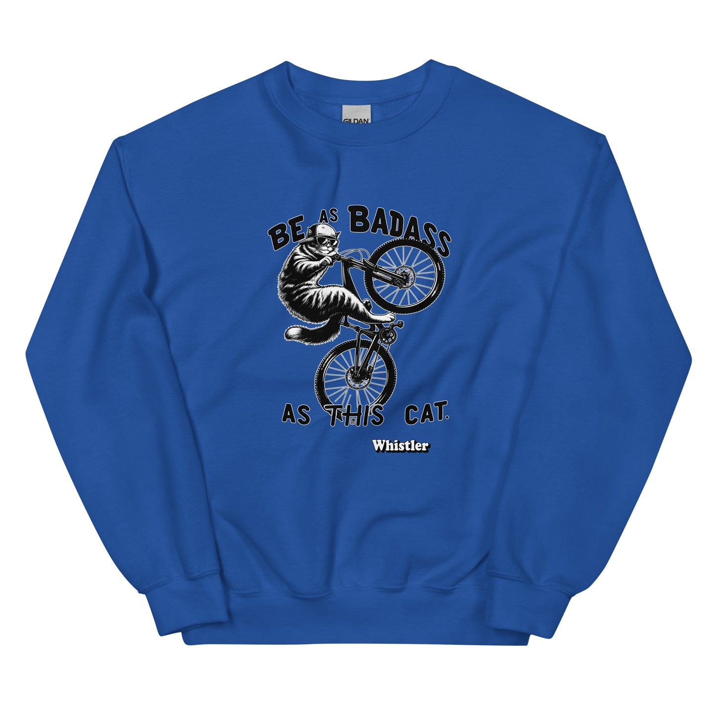 Be As badass as this cat whistler design with a cat with a backwards hat riding a bike, printed on crewnck sweatshirt by Whistler Shirts