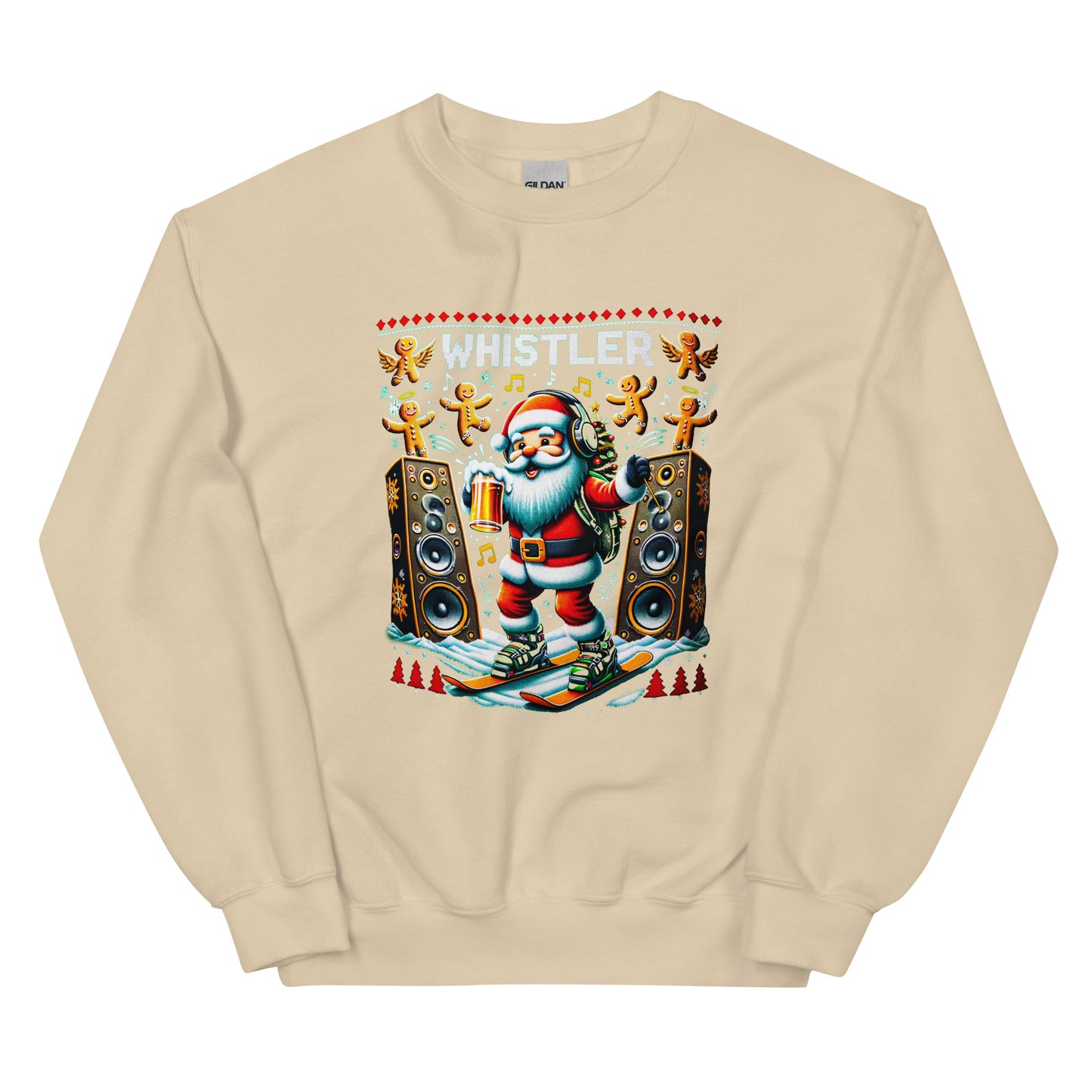 Raving Santa Skiing drinking beer with giant spekakers and ginger bread men in Whistler, ugly christmas sweater printed by Whistler Shirts