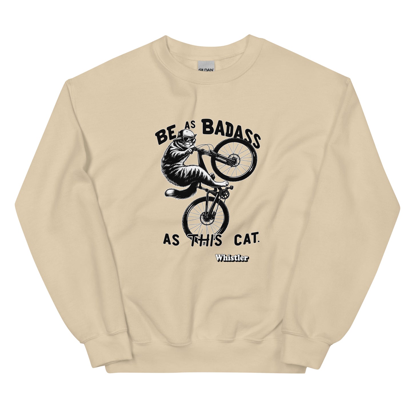 Be As badass as this cat whistler design with a cat with a backwards hat riding a bike, printed on crewnck sweatshirt by Whistler Shirts