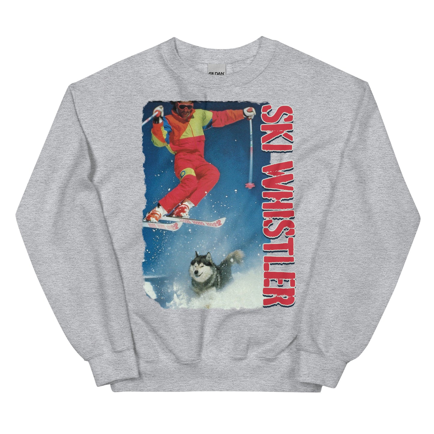 Ski Whistler skiier jumping over a dog printed crewneck