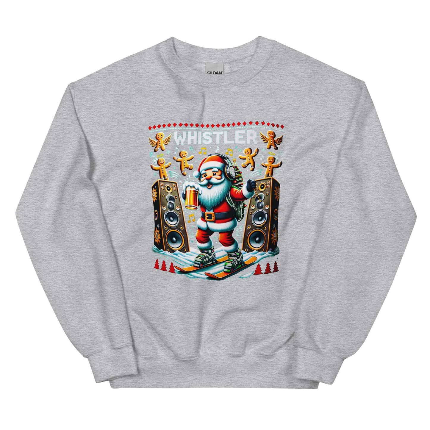Raving Santa Skiing drinking beer with giant spekakers and ginger bread men in Whistler, ugly christmas sweater printed by Whistler Shirts