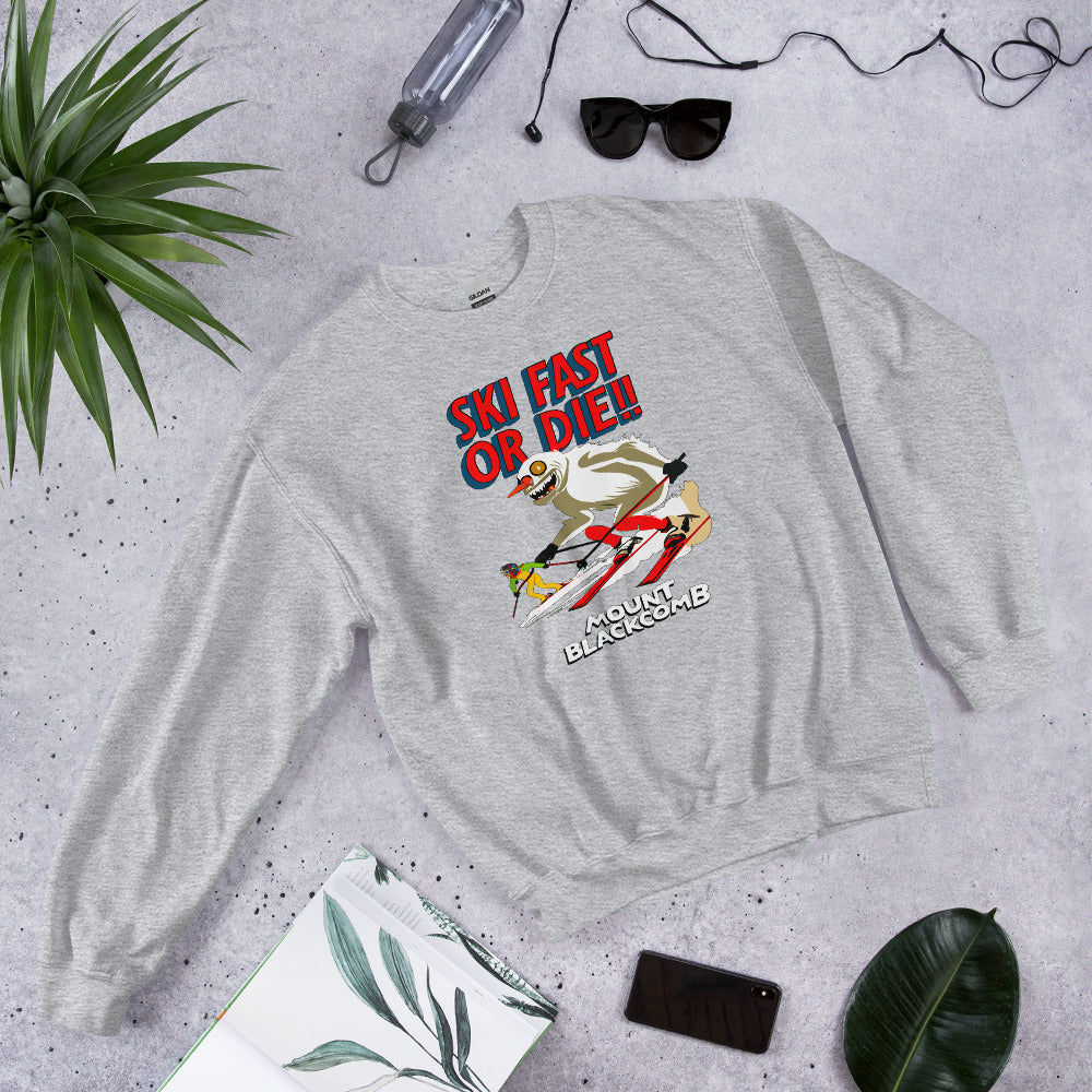 Ski fast or die yeti skiing mount blackcomb crewneck sweatshirt printed by Whistler Shirts
