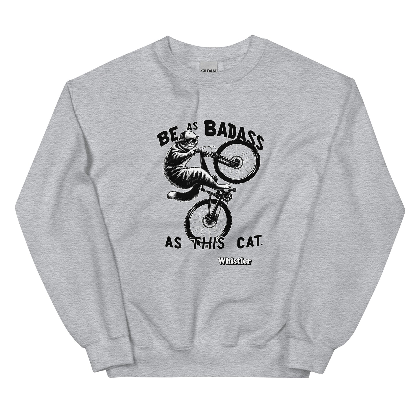 Be As badass as this cat whistler design with a cat with a backwards hat riding a bike, printed on crewnck sweatshirt by Whistler Shirts
