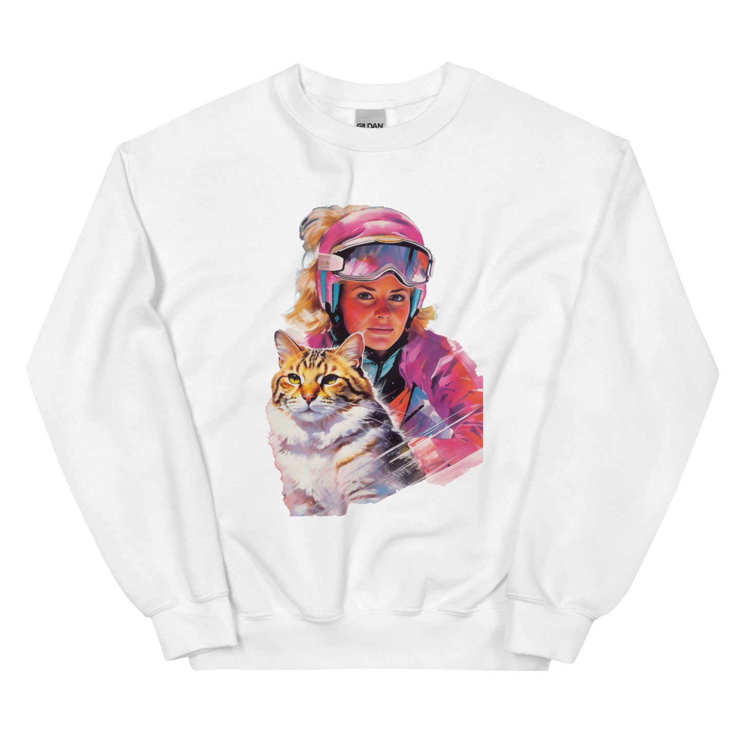 Whistler lady and her cat skiing screen printed crewneck