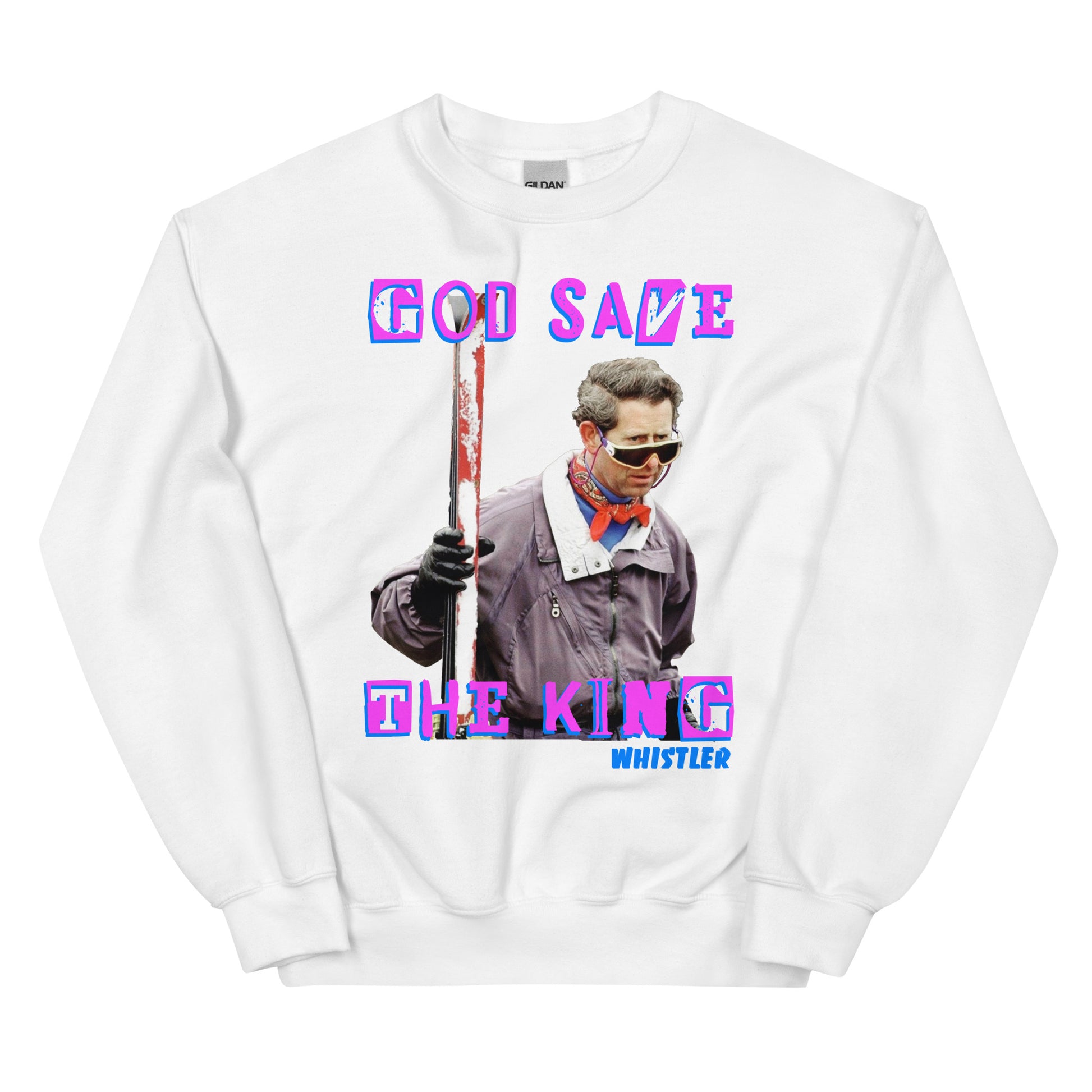 God save the king skiing whistler screen printed crewneck sweatshirt