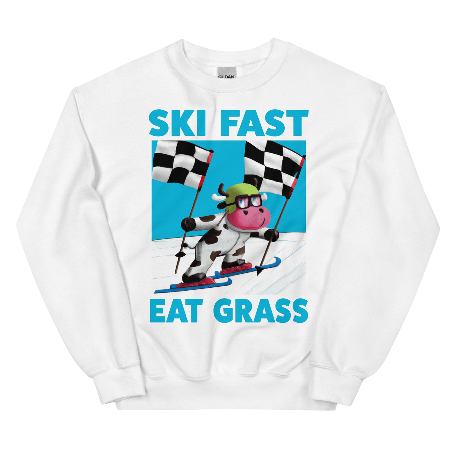 Ski fast eat grass cow skiing screen printed crewneck sweatshirt