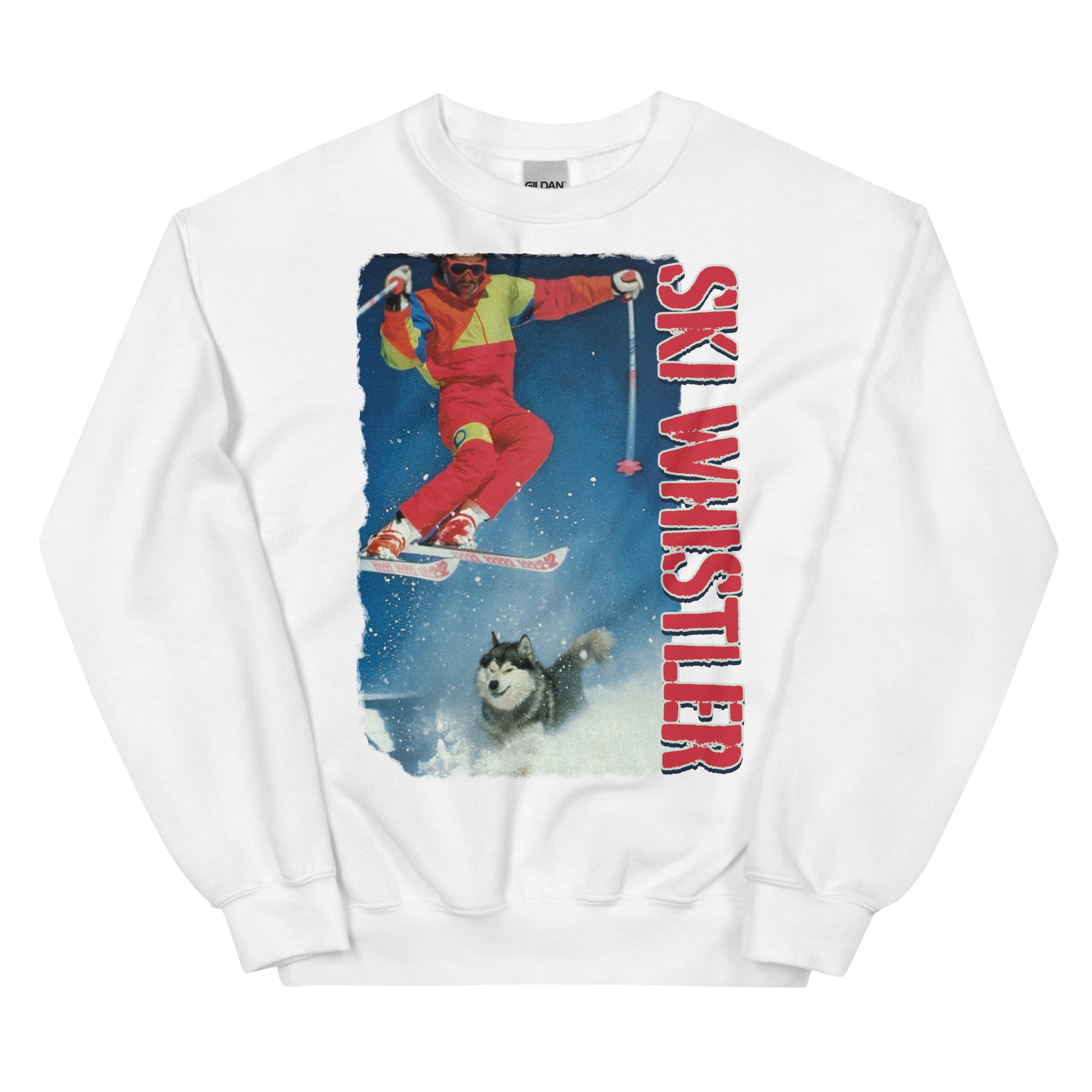 Ski Whistler skiier jumping over a dog printed crewneck
