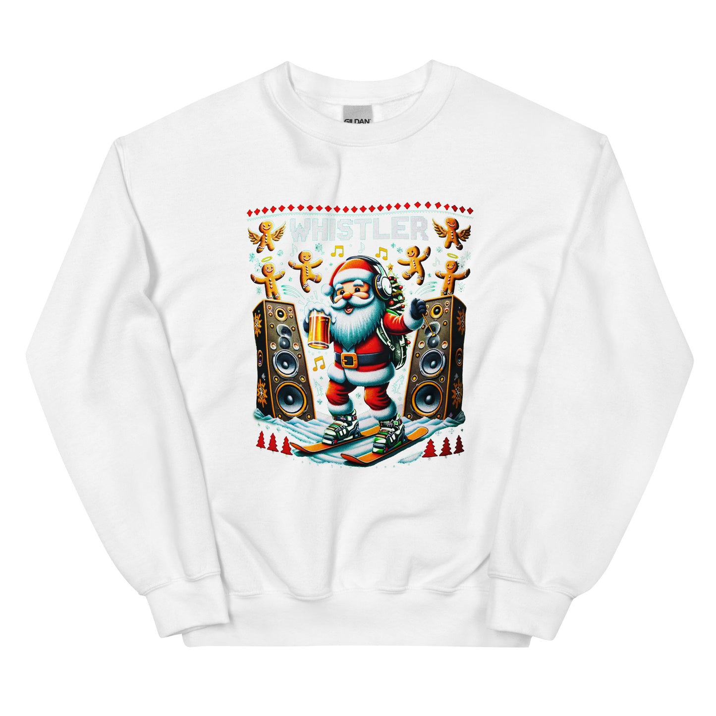 Raving Santa Skiing drinking beer with giant spekakers and ginger bread men in Whistler, ugly christmas sweater printed by Whistler Shirts