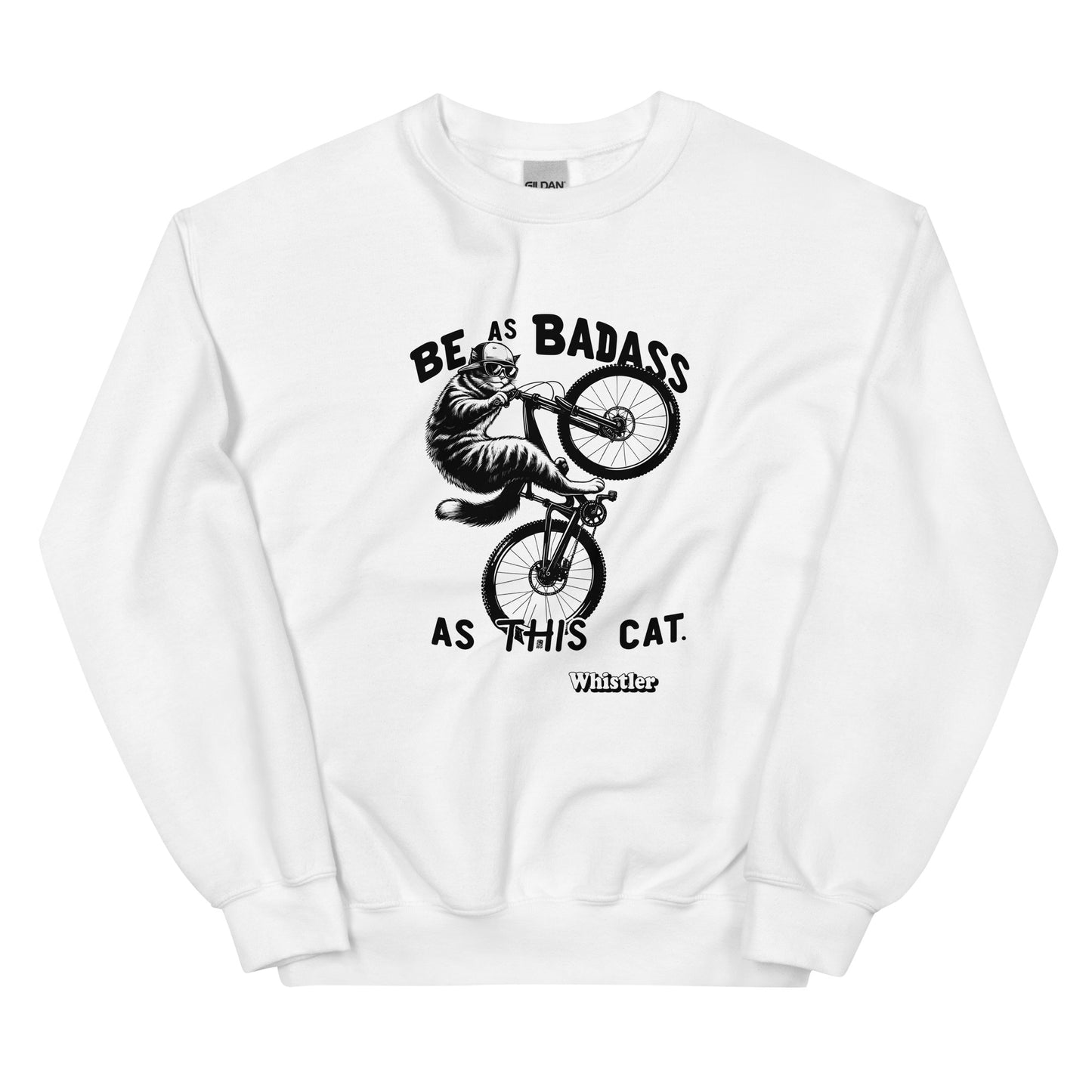 Be As badass as this cat whistler design with a cat with a backwards hat riding a bike, printed on crewnck sweatshirt by Whistler Shirts