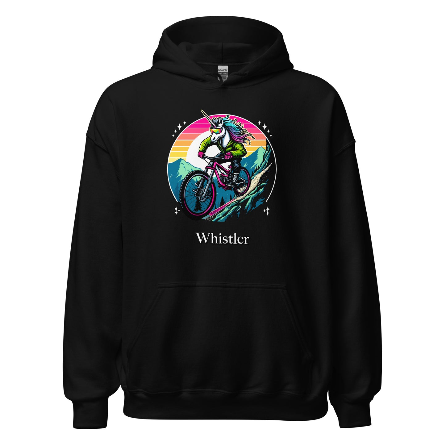 Unicorn Mountain Biking Rainbow Whistler Hoodie printed by Whistler Shirts