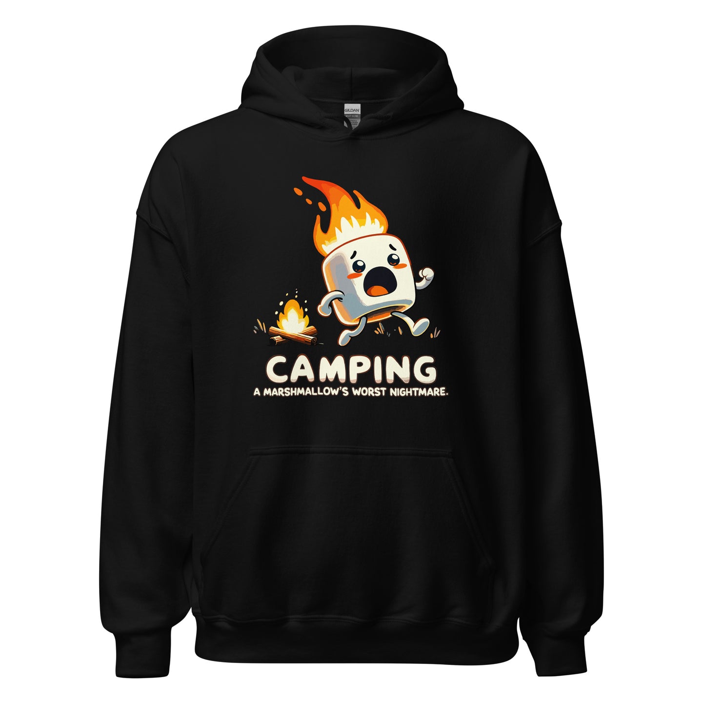 Camping a marshmellows worst nightmare with a marshmellow running away from a campfire printed hoodie by Whistler Shirts