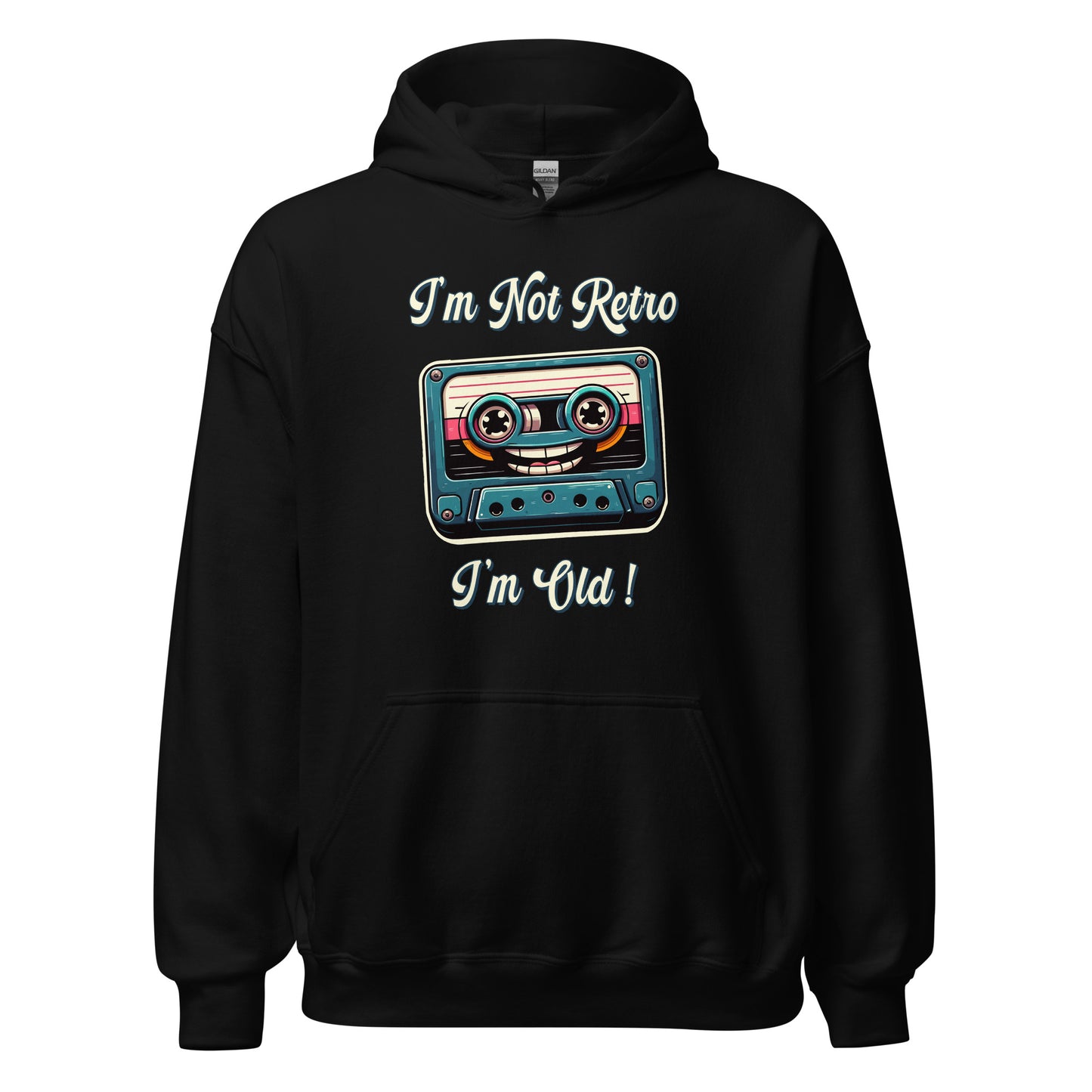 Im not retro im old casette tape hoodie printed by Whistler Shirts with a cassette tape wth a smiley face on
