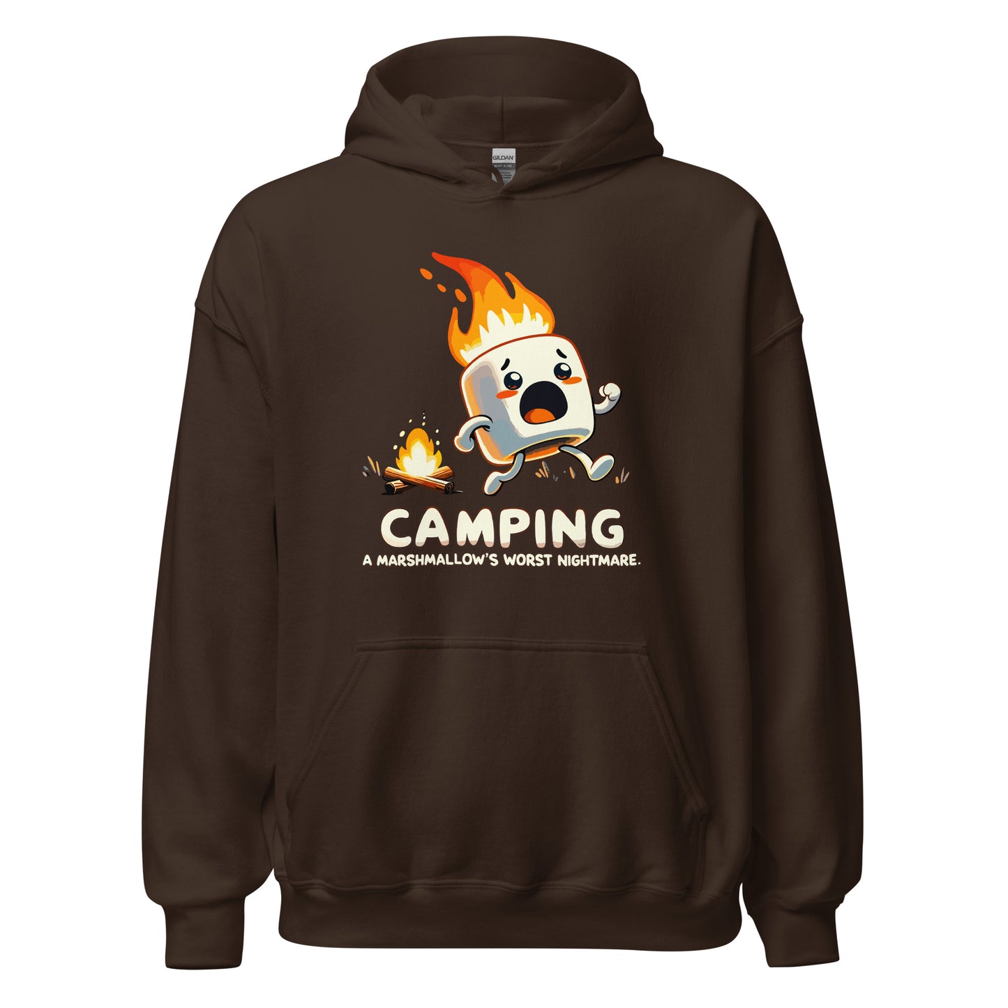 Camping a marshmellows worst nightmare with a marshmellow running away from a campfire printed hoodie by Whistler Shirts