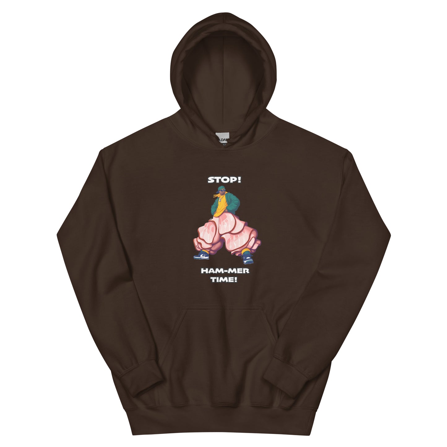 Mc hammer pun design saying stop ham-mer time with a picture of a man wearing ham slices for pants. Design printed on a hoodie by Whistler Shirts