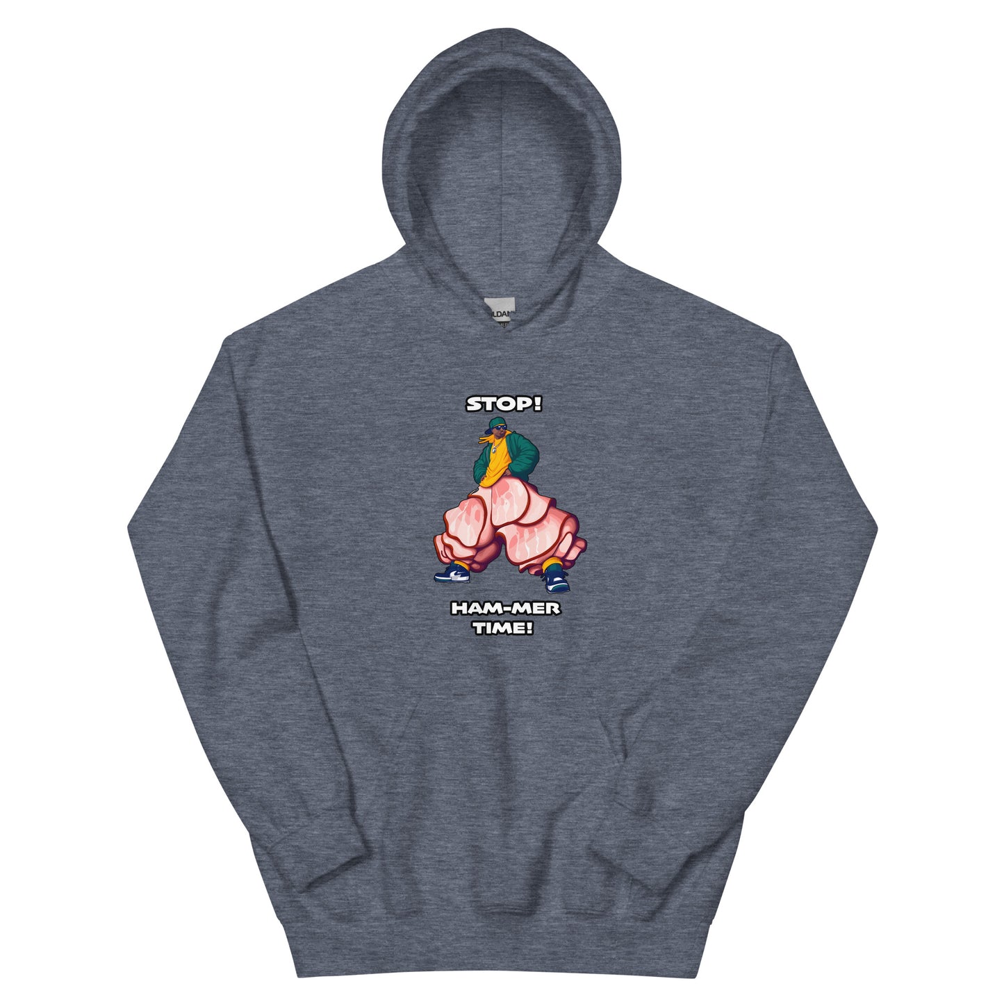 Mc hammer pun design saying stop ham-mer time with a picture of a man wearing ham slices for pants. Design printed on a hoodie by Whistler Shirts