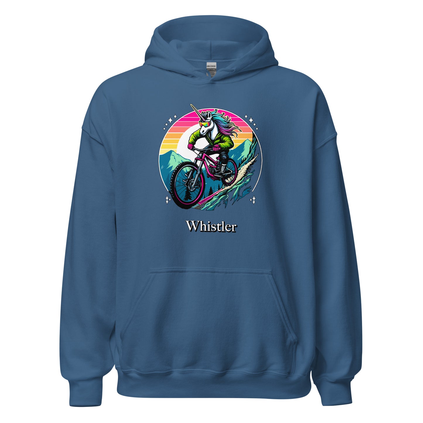 Unicorn Mountain Biking Rainbow Whistler Hoodie printed by Whistler Shirts