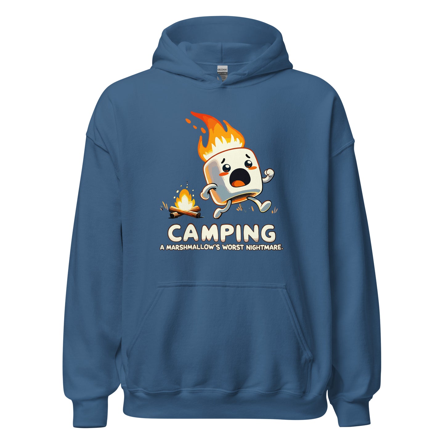 Camping a marshmellows worst nightmare with a marshmellow running away from a campfire printed hoodie by Whistler Shirts
