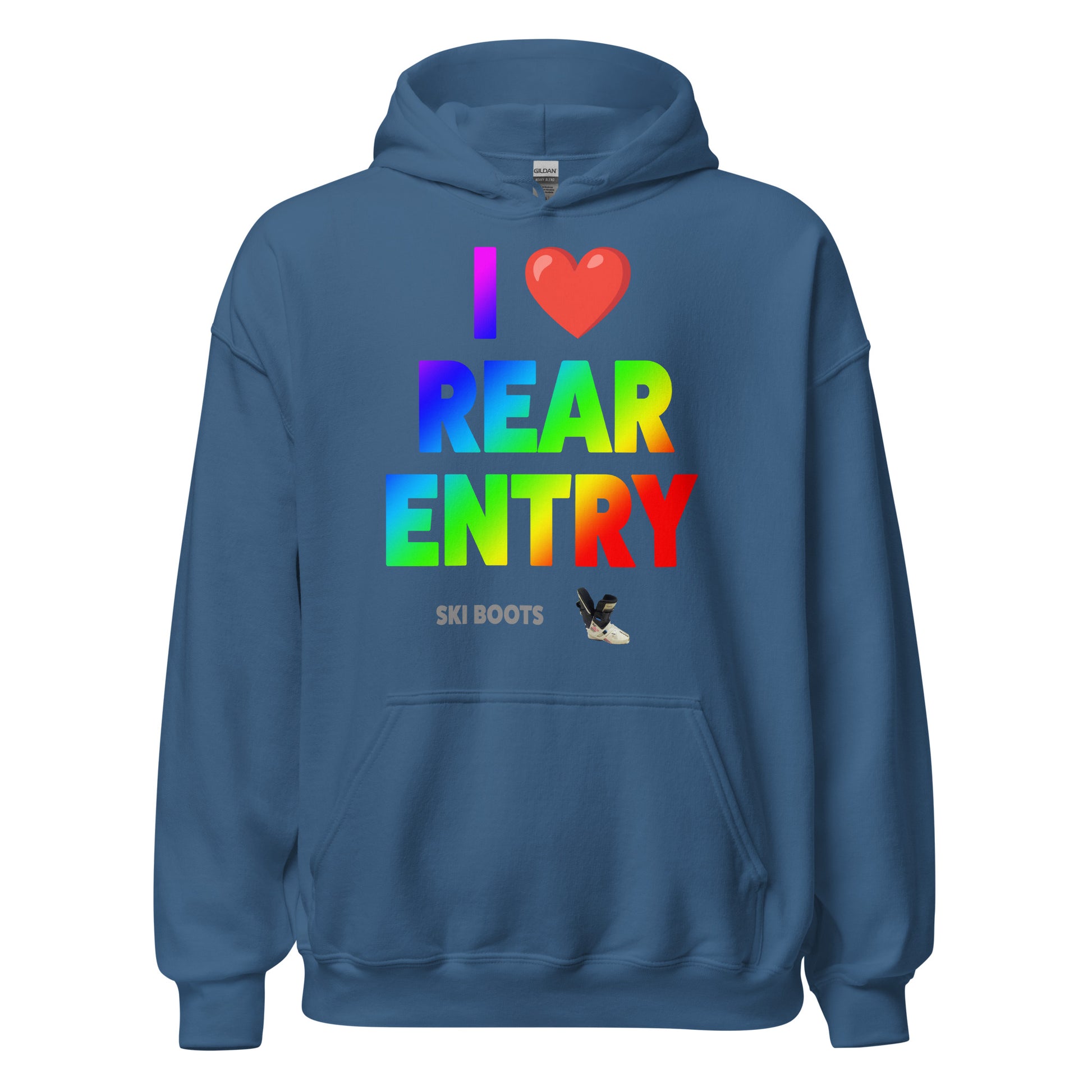 I Love Rear Entry Ski Boots Design printed on hoodie by Whistler Shirts