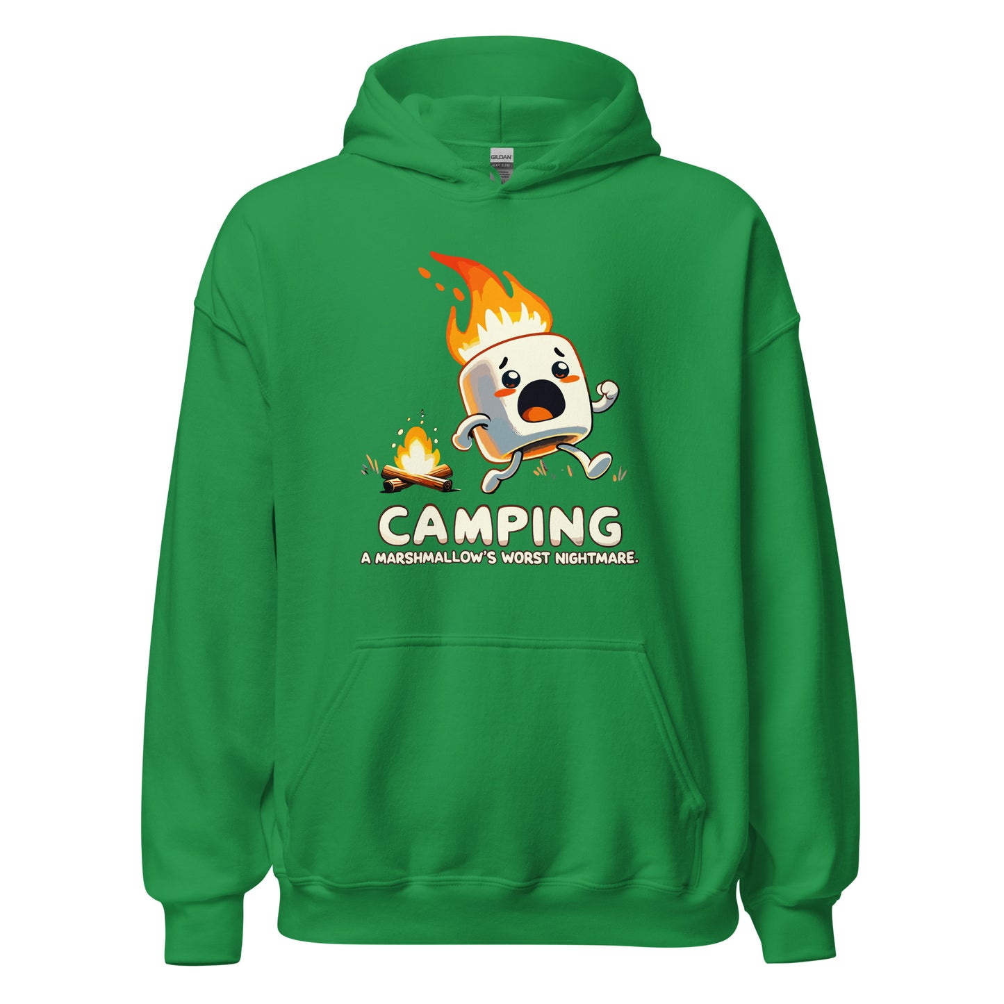 Camping a marshmellows worst nightmare with a marshmellow running away from a campfire printed hoodie by Whistler Shirts