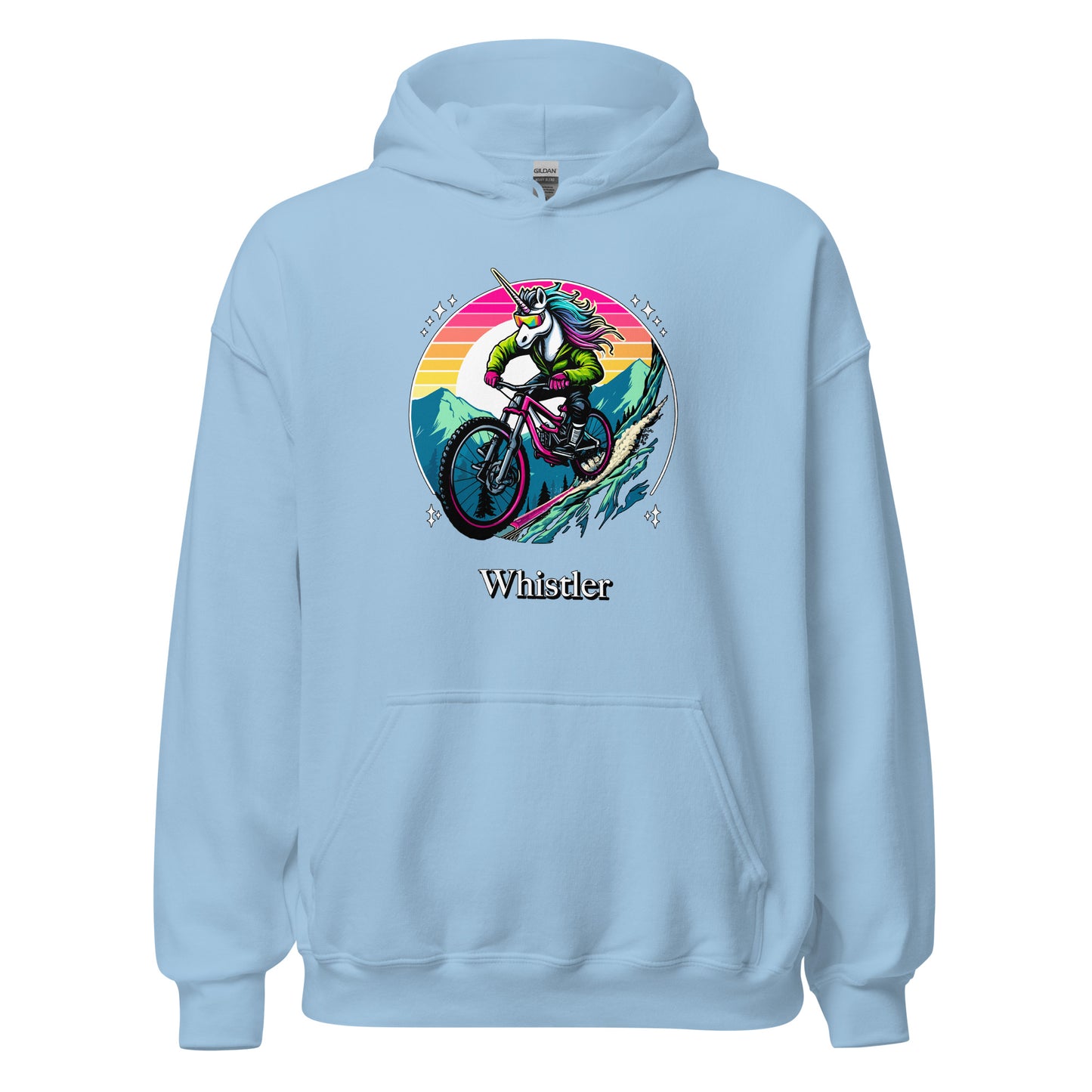 Unicorn Mountain Biking Rainbow Whistler Hoodie printed by Whistler Shirts